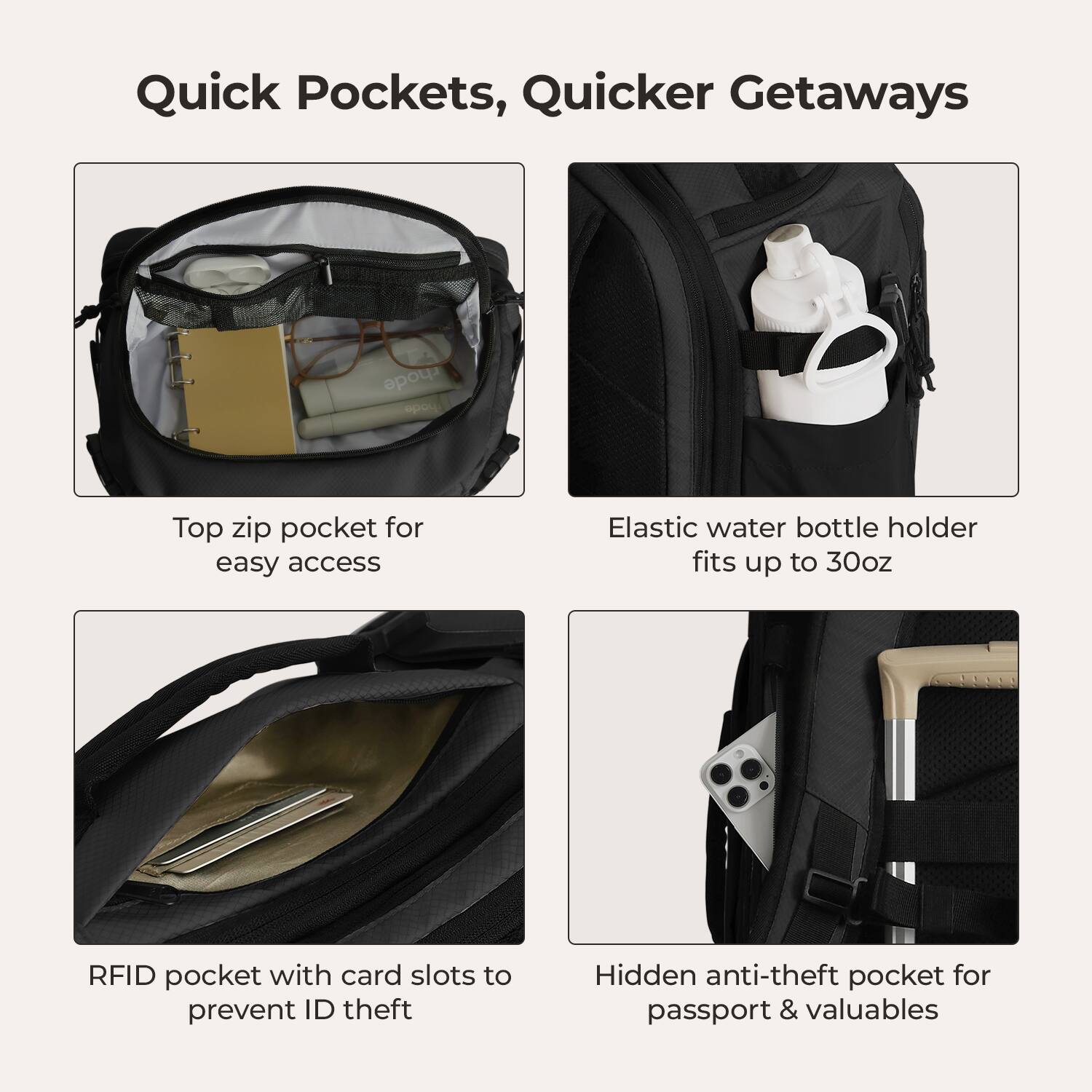 Quick Pockets, Quicker Getaways

- Top zip pocket for easy access
- Elastic water bottle holder fits up to 30oz
- RFID pocket with card slots to prevent ID theft
- Hidden anti-theft pocket for passport & valuables