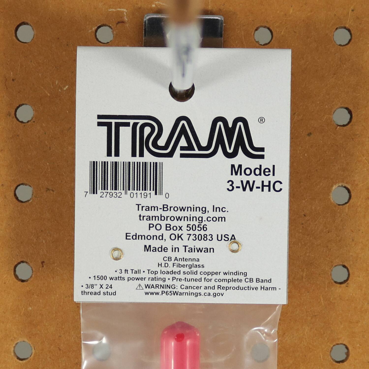 TRAM  
Model 3-W-HC  
7 27932 01191 0  
Tram-Browning, Inc.  
tram-browning.com  
PO Box 5056  
Edmond, OK 73083 USA  
Made in Taiwan  

CB Antenna  
H.D. Fiberglass  
3 ft Tall  
Top loaded solid copper winding  
1500 watts power rating  
Pre-tuned for CB complete Band  
3/8" X 24  
thread stud  

WARNING: Cancer and Reproductive Harm  
www.P65Warnings.ca.gov