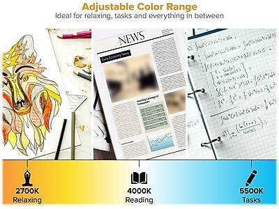 Adjustable Color Range  
Ideal for relaxing, tasks, and everything in between  

2700K Relaxing  
4000K Reading  
5500K Tasks