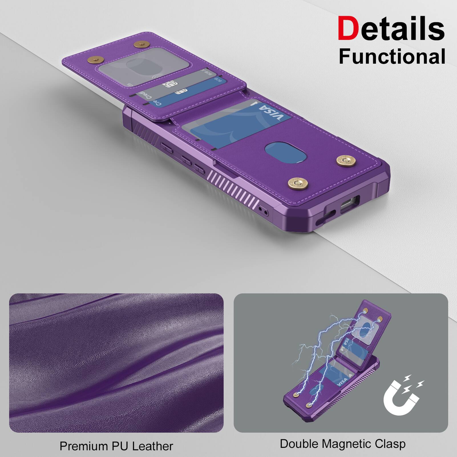 - Details Functional
- Premium PU Leather
- Double Magnetic Clasp