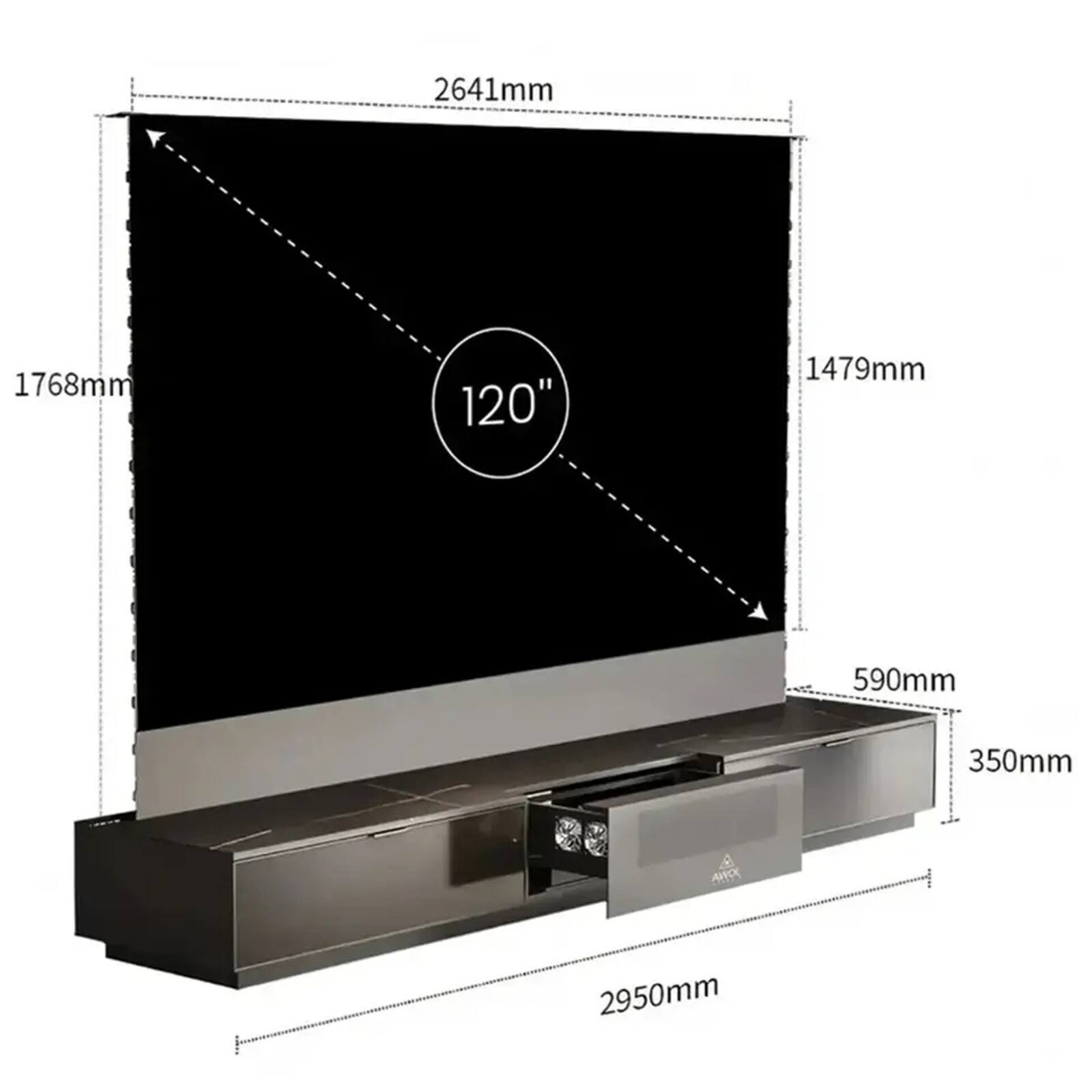 The image shows a large flat screen TV with a black screen. The TV is placed in a silver frame, and it is described as a 120" television. The dimensions of the TV are 2641mm x 1768mm, with a height of 590mm. The TV is also described as having a 350mm ARC.