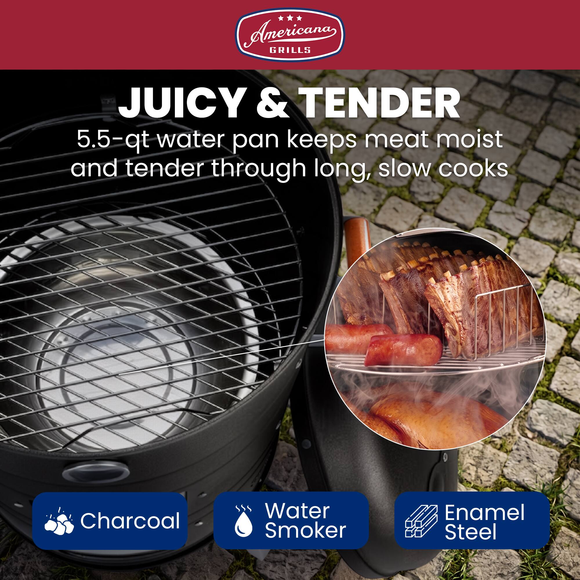 American Grills

JUICY & TENDER

5.5-qt water pan keeps meat moist and tender through long, slow cooks

Charcoal
Water Smoker
Enamel Steel
