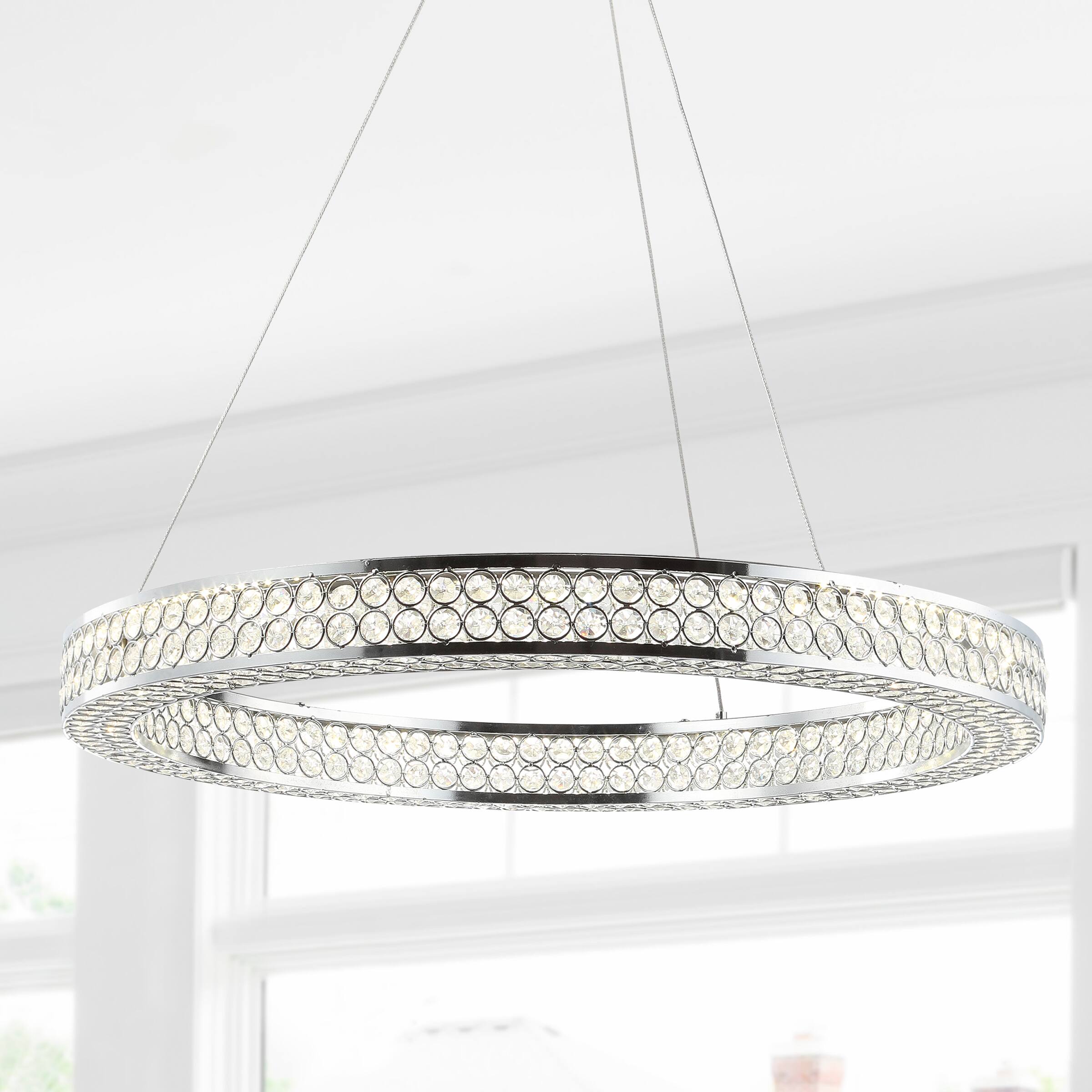 Alt View 1. Jonathan Y - Benton 24.7" Round Integrated LED Crystal/Metal Pendant, Chrome/Clear - Clear/Chrome.