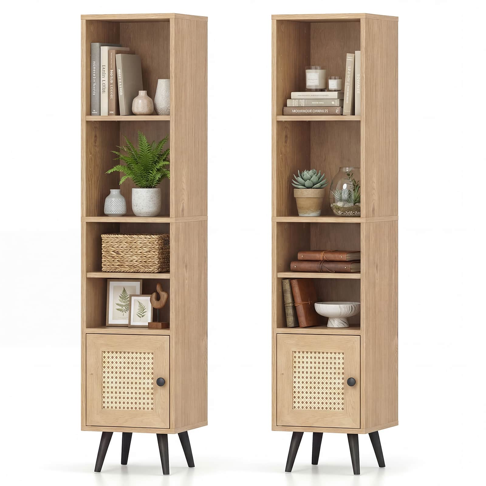 Gymax - 2PCS 6-Tier Tall Narrow Bookcase w/Adjustable Shelf & Boho Style Rattan Door - Yellow