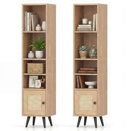 Gymax - 2PCS 6-Tier Tall Narrow Bookcase w/Adjustable Shelf & Boho Style Rattan Door - Yellow