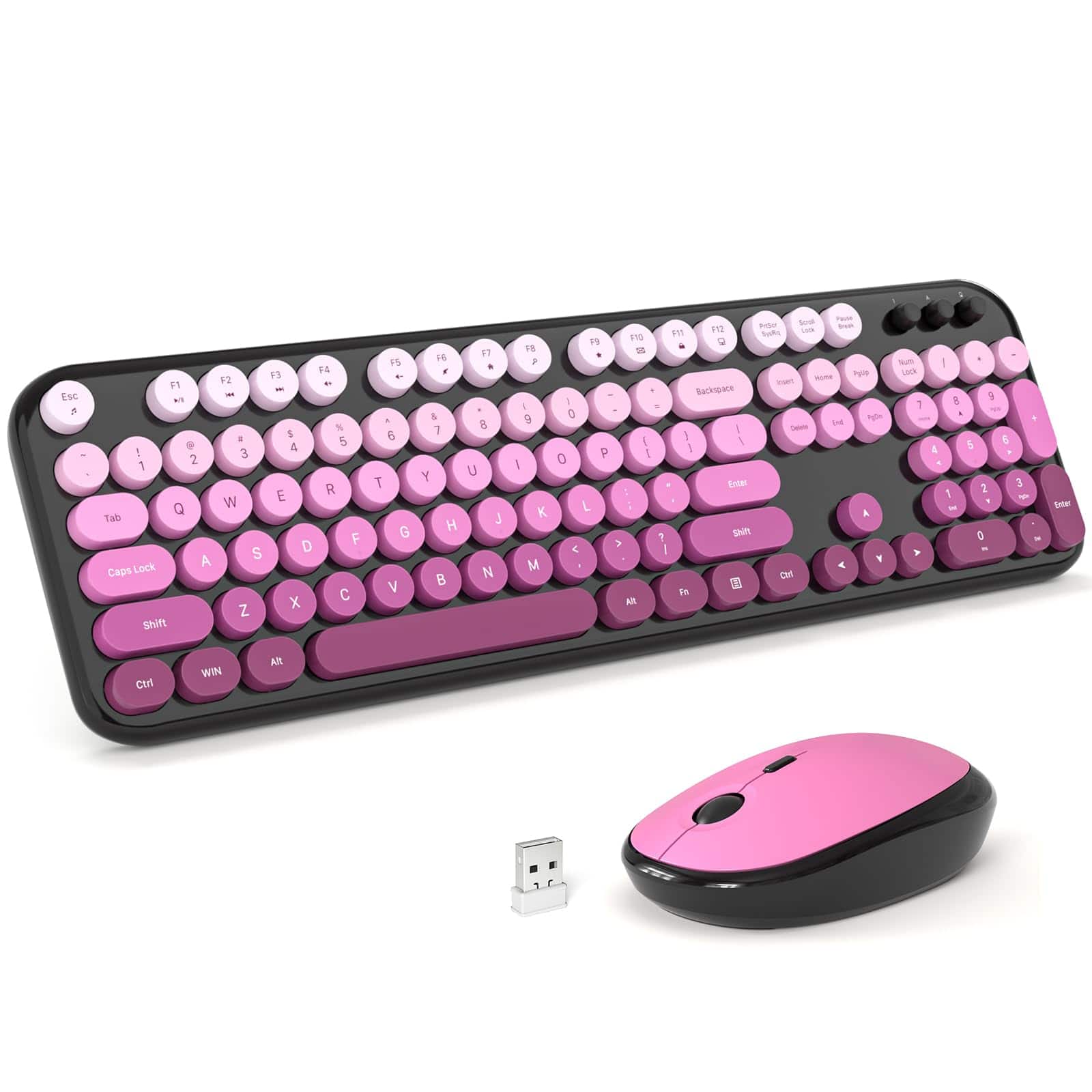 PRIMEPLUS - 2.4GHz Retro Typewriter Keyboard & Wireless Mouse Combo, Full Size with Number Pad for PC, Mac, Laptop - Lovely Black Pink Gradient