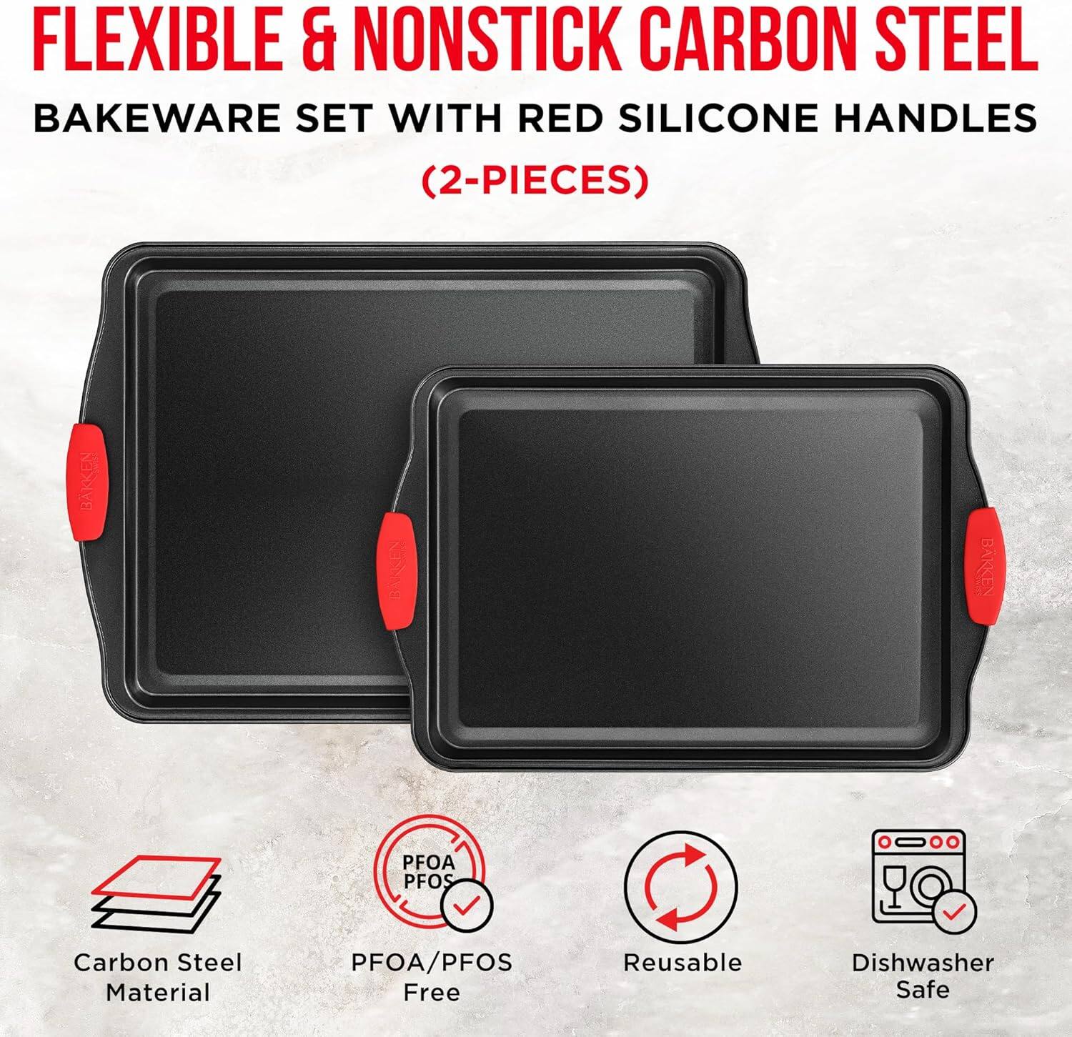 FLEXIBLE & NONSTICK CARBON STEEL BAKEWARE SET WITH RED SILICONE HANDLES (2-PIECES) Carbon Steel Material PFOA/PFOS Free Reusable Dishwasher Safe
