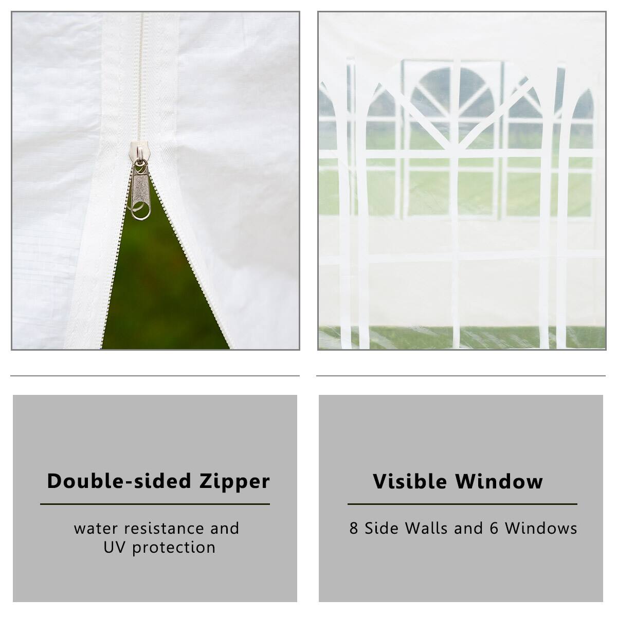 Double-sided Zipper: Water resistance and UV protection  
Visible Window: 8 Side Walls and 6 Windows