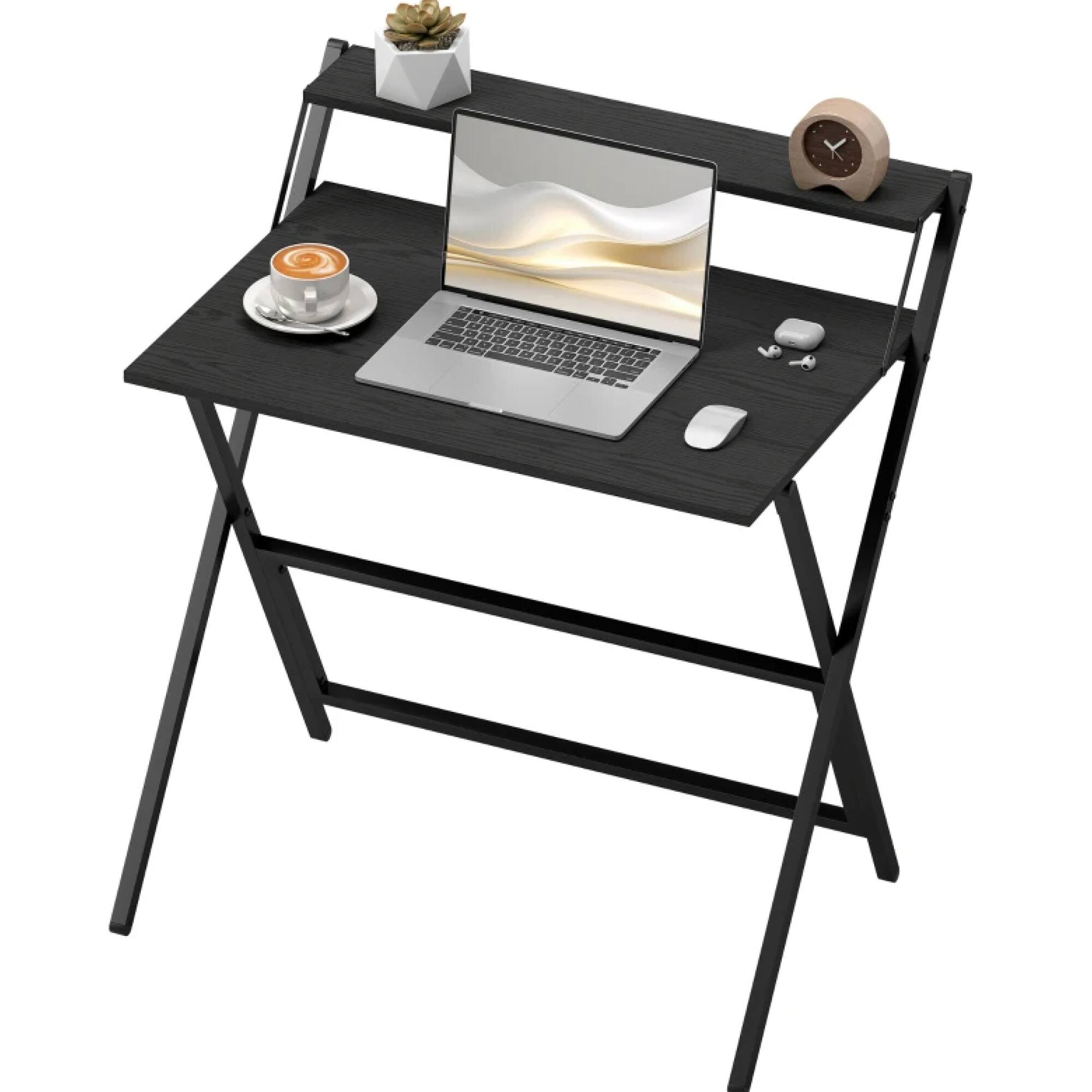 Angle. GOODSILO - 32-Inch Foldable Computer Desk with Monitor Shelf - Space-Saving Workstation for Small Spaces - Black.