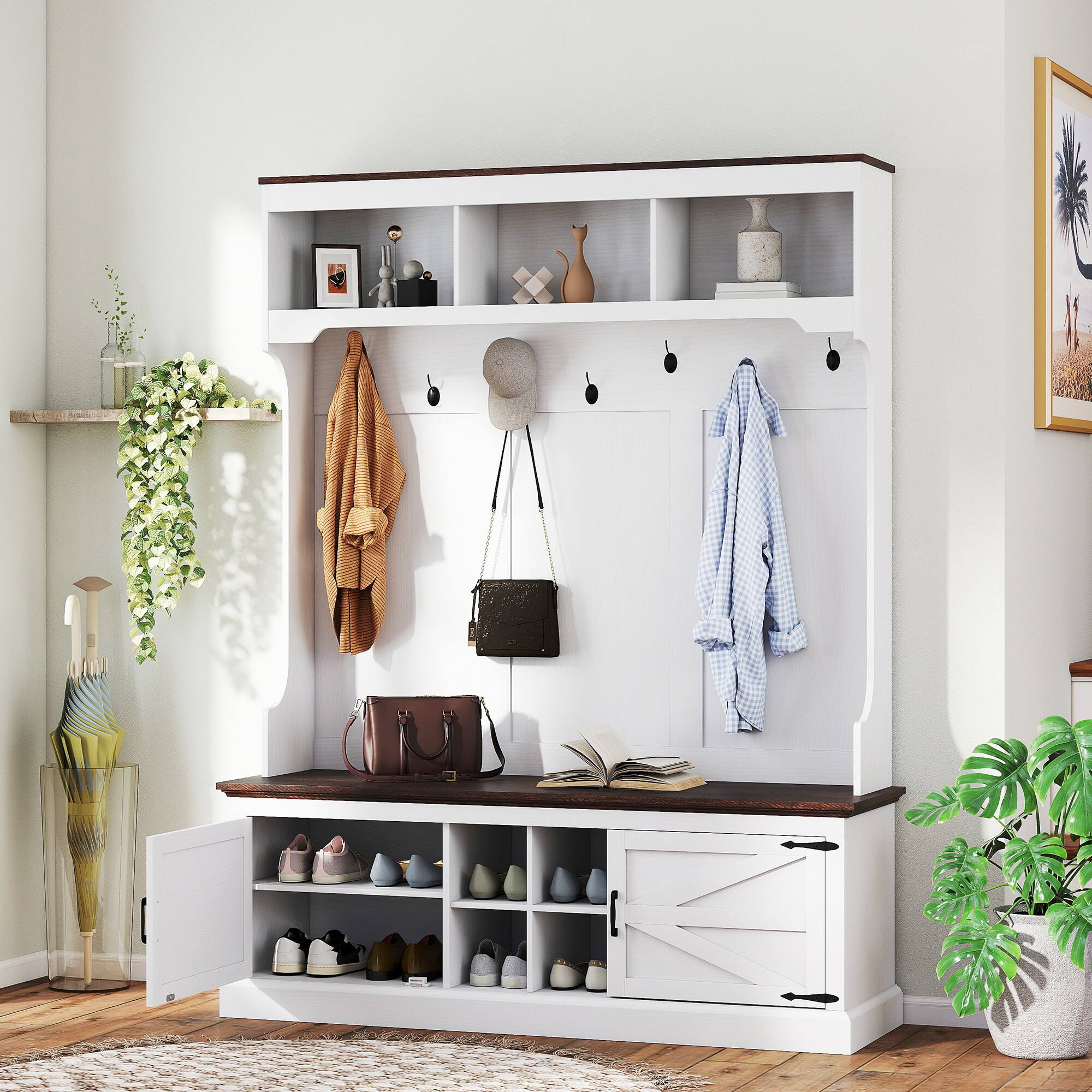 Alt View 1. Homcom - 3-in-1 Hall Tree with Shoe Storage, Standing Coat Rack with Shoe Bench, Entryway Furniture with Seven Hooks - White Wood Grain.