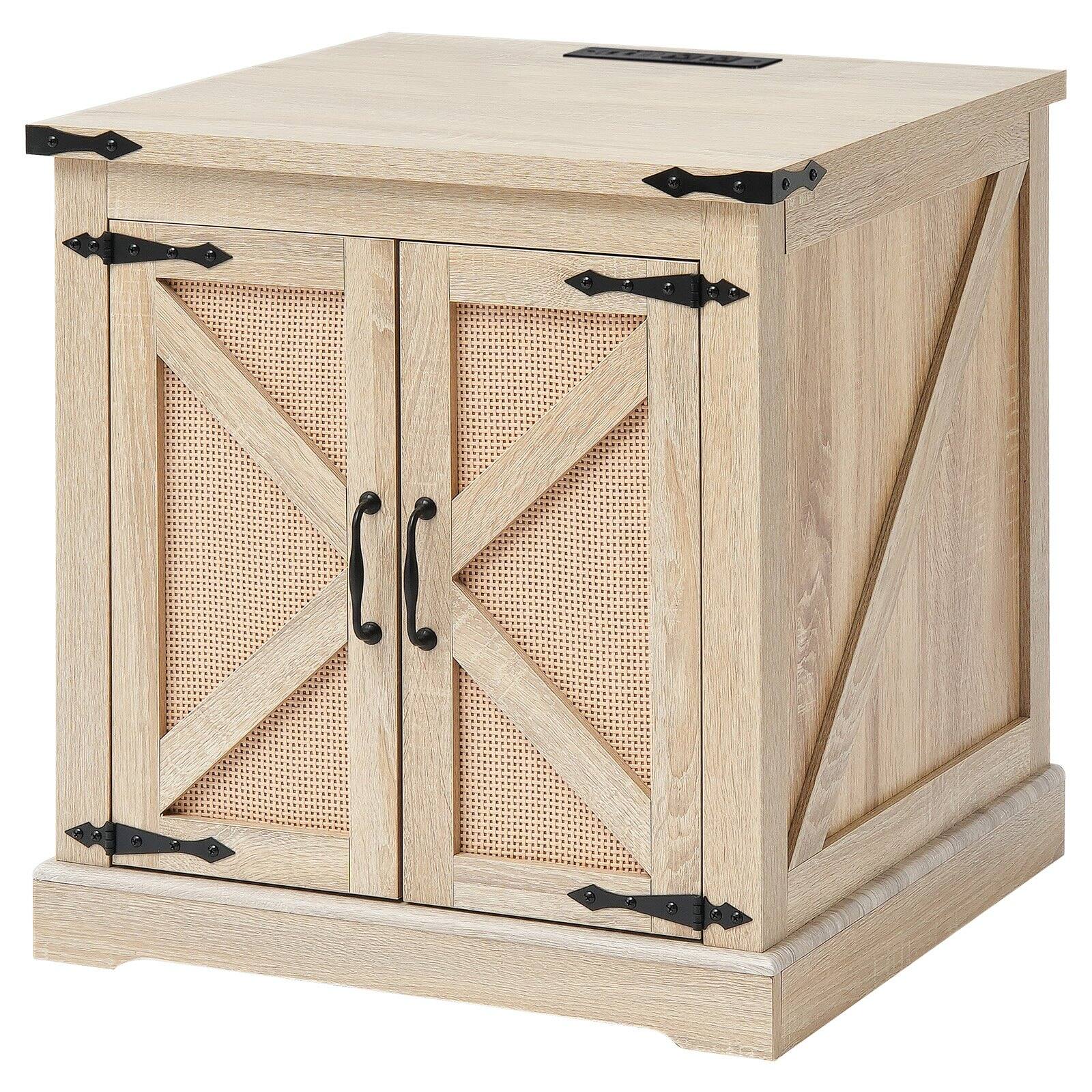 Alt View 10. Glintex - Farmhouse End Table 24 in, Rectangle Woven Wood Side Table with Storage and Retro Metal Hinges for Living Room - Natural.