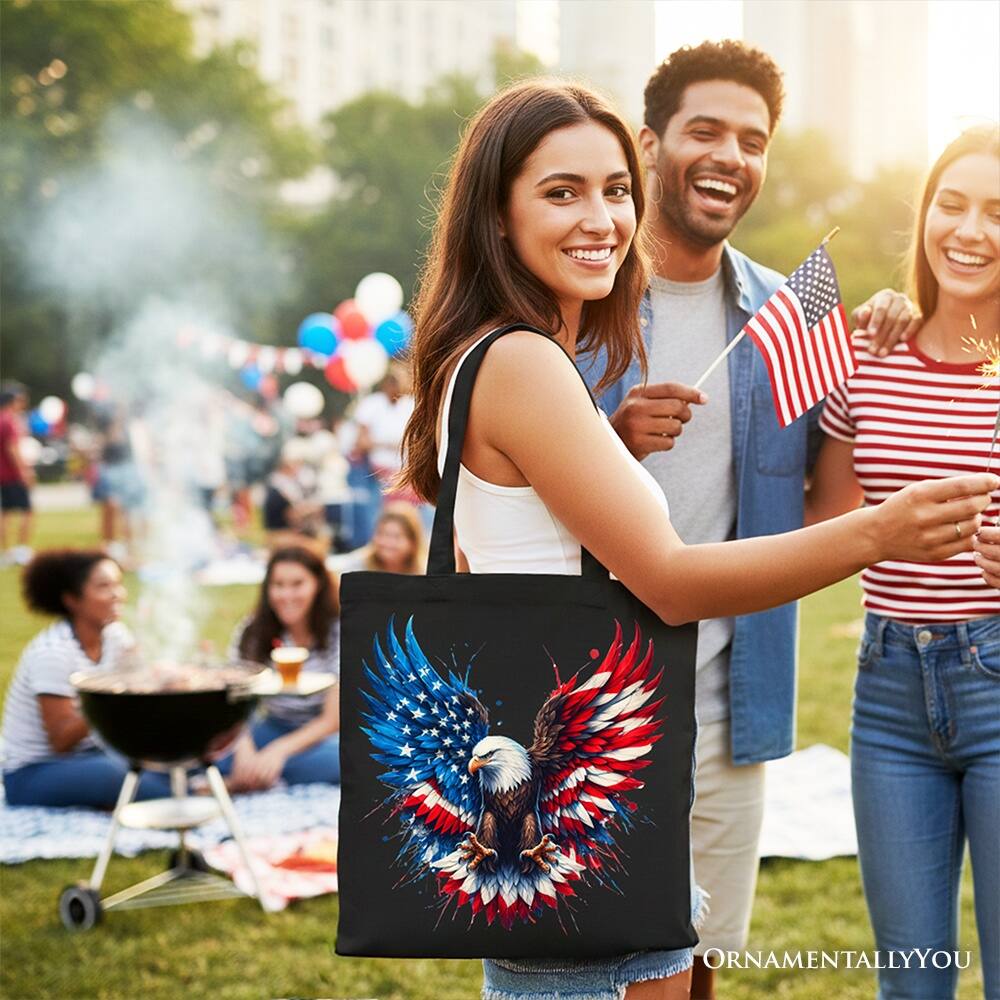 Left. OrnamentallyYou - Bald Eagle American Flag Canvas Tote Bag, Patriotic Freedom Gift Shopper - Black.