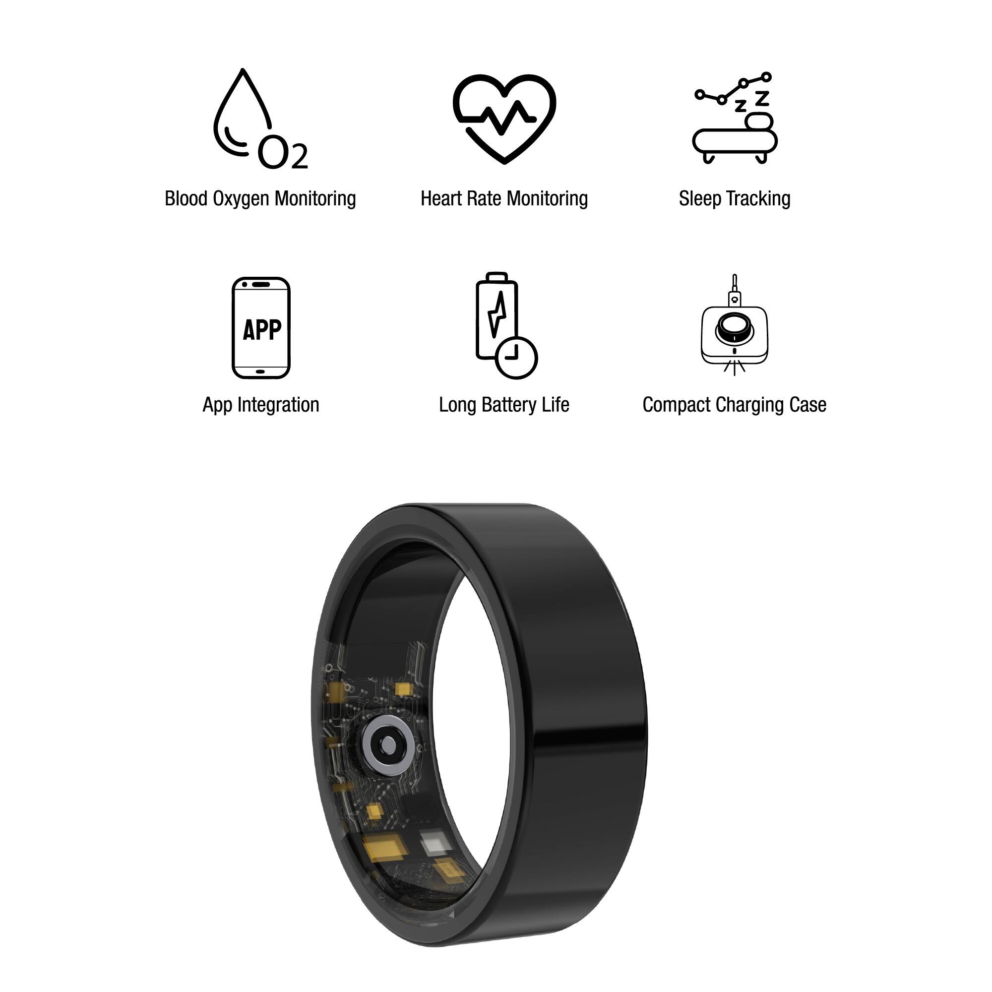 O2 Blood Oxygen Monitoring, Heart Rate Monitoring, Sleep Tracking, App Integration, Long Battery Life, Compact Charging Case