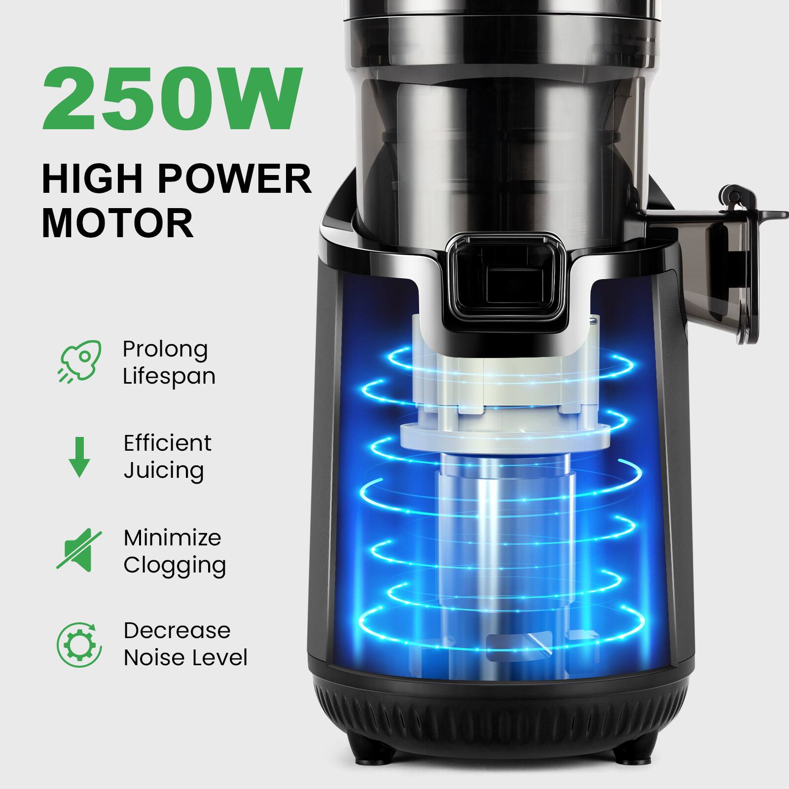 250W HIGH POWER MOTOR

- Prolong Lifespan
- Efficient Juicing
- Minimize Clogging
- Decrease Noise Level