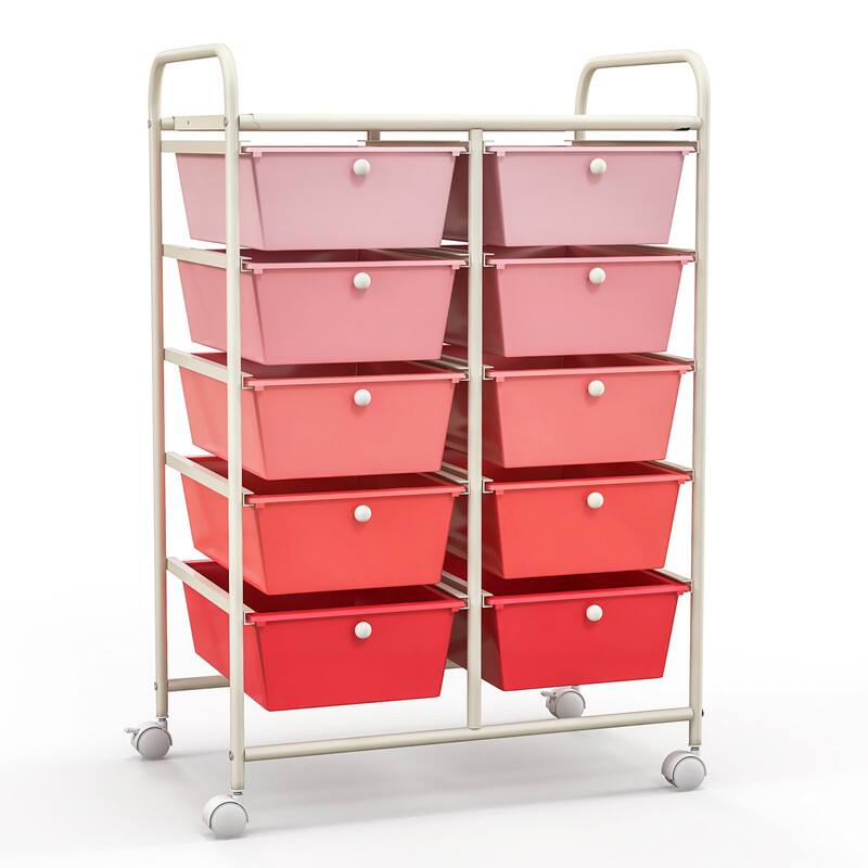Alt View 3. WELLFOR - 10-Drawer Utility Rolling Storage Cart with Metal Tabletop & Metal Frame, Drawer Organizer with Wheels - Gradient Pink.