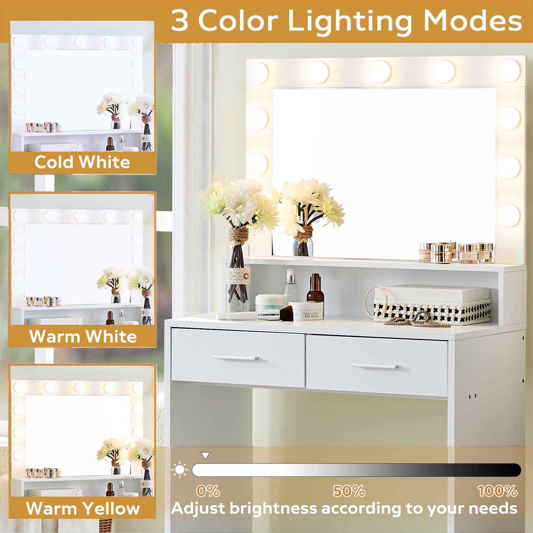 3 Color Lighting Modes

Cold White

Warm White

Warm Yellow

Adjust brightness according to your needs

0% 50% 100%