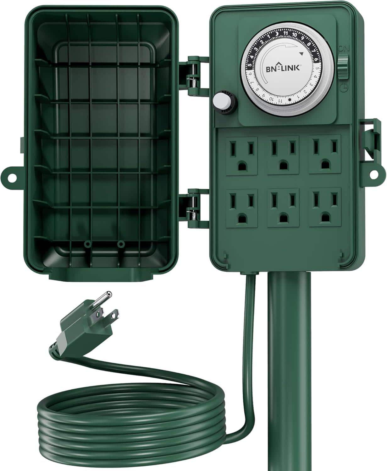 BN-LINK - Outdoor Power Stake Timer, Waterproof 24-Hour Mechanical Timer, 6 Grounded Outlets, 6 ft Cord, ETL Listed - Green