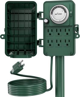 BN-LINK - Outdoor Power Stake Timer, Waterproof 24-Hour Mechanical Timer, 6 Grounded Outlets, 6 ft Cord, ETL Listed - Green