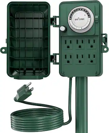 Front. BN-LINK - BN-LINK Outdoor Power Stake Timer, Waterproof 24-Hour Mechanical Timer, 6 Grounded Outlets, 6 ft Cord, ETL Listed - Green.