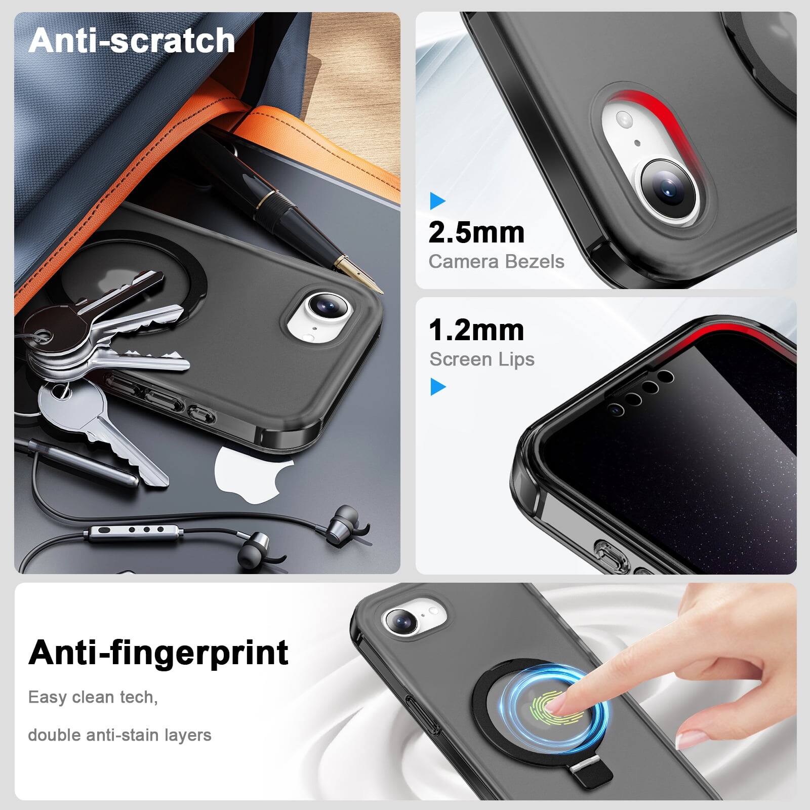 Anti-scratch  
2.5mm Camera Bezels  
1.2mm Screen Lips  

Anti-fingerprint  
Easy clean tech, double anti-stain layers
