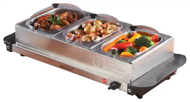 Angle. Brentwood - Triple Buffet Server with Warming Tray - Silver.