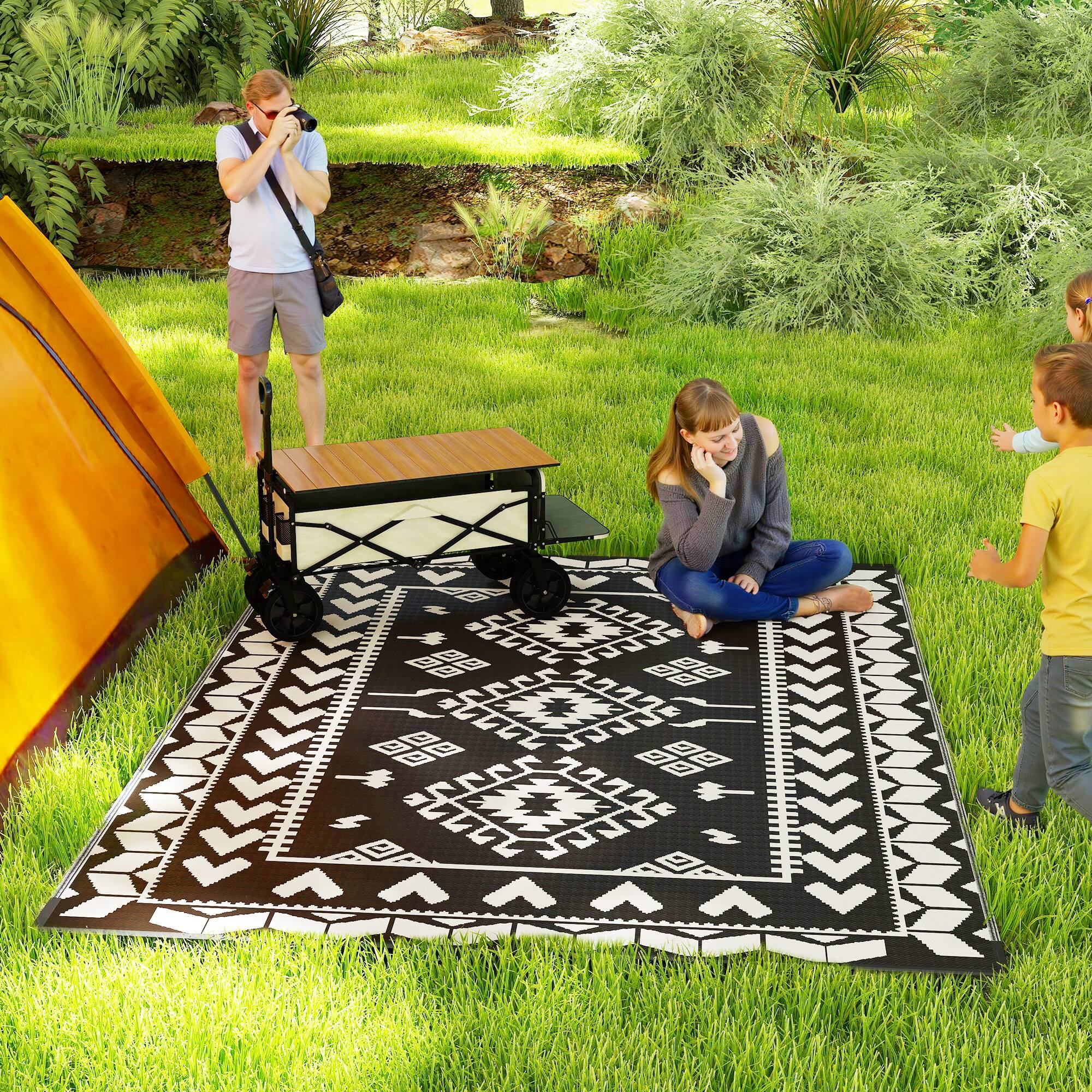 Alt View 1. Outsunny - Outdoor Rug for Patio, 8' x 10' Waterproof Large Mat, Reversible Plastic Straw Rug for Décor - Black and White Rhombus Patchwork.