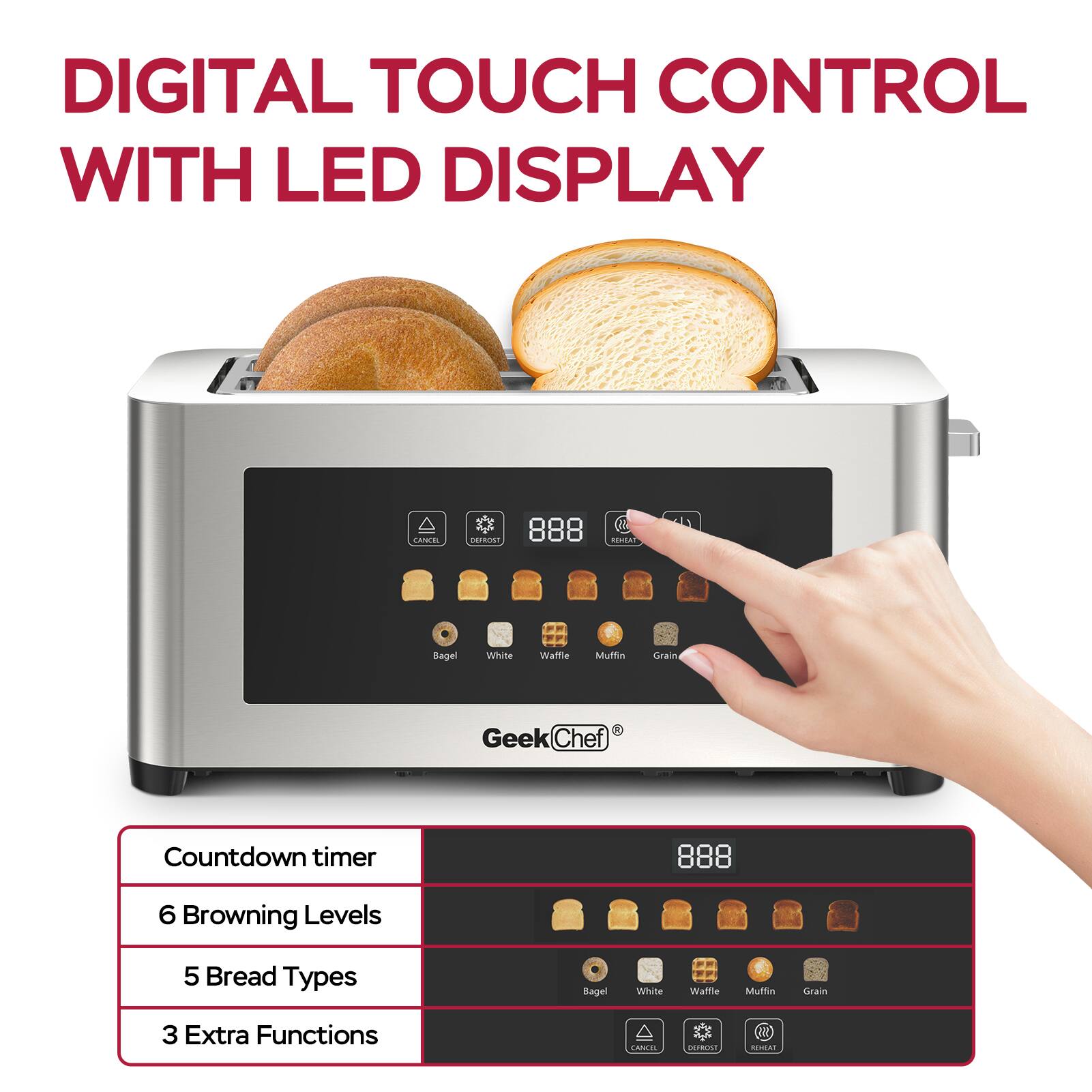 DIGITAL TOUCH CONTROL WITH LED DISPLAY

- Countdown timer
- 6 Browning Levels
- 5 Bread Types
- 3 Extra Functions

Bread Types: Bagel, White, Waffle, Muffin, Grain