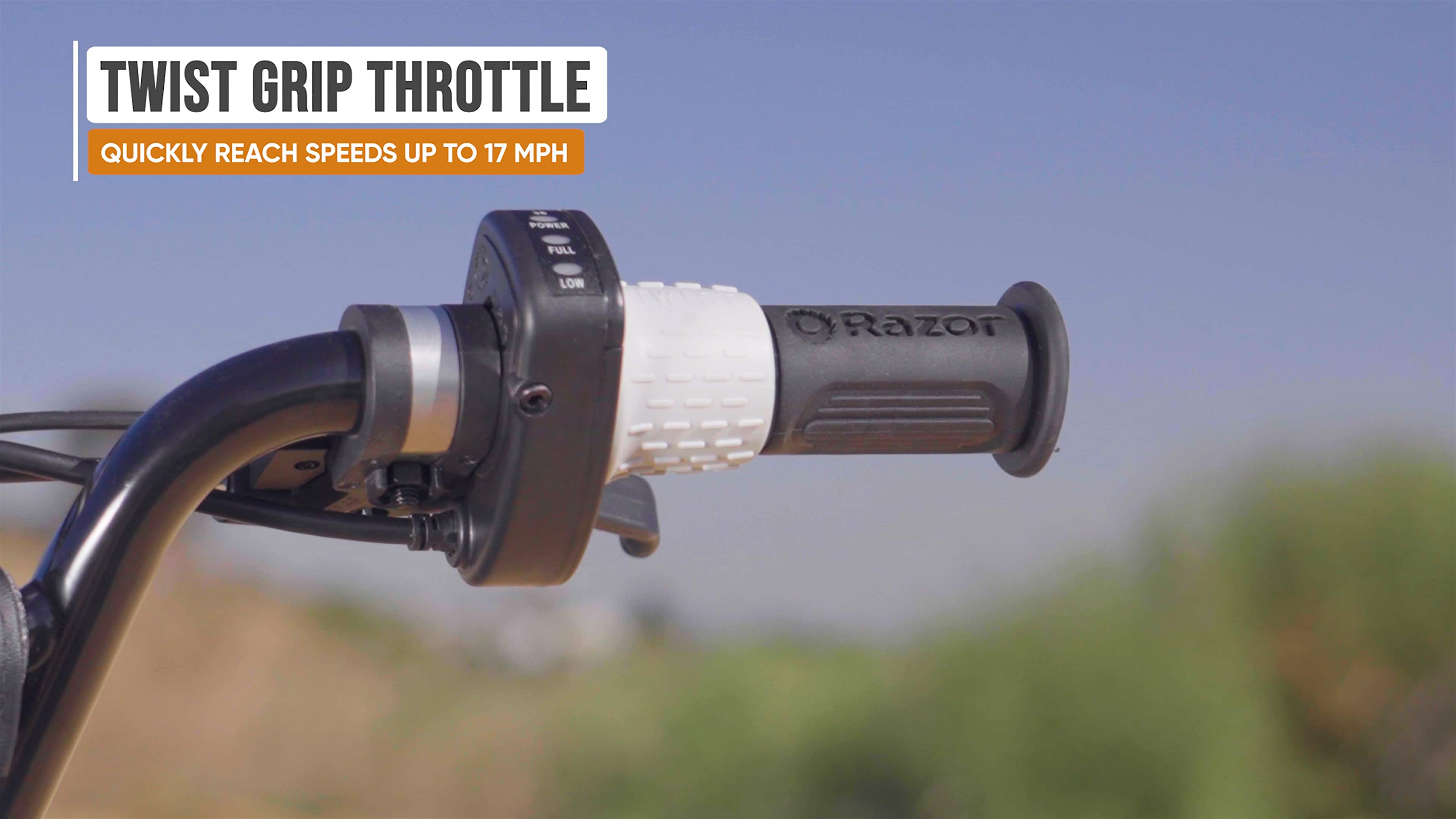 The text on the image reads: "Twist Grip Throttle Quickly Reach Speeds Up to 17 MPH Fowler Full Low Razor."