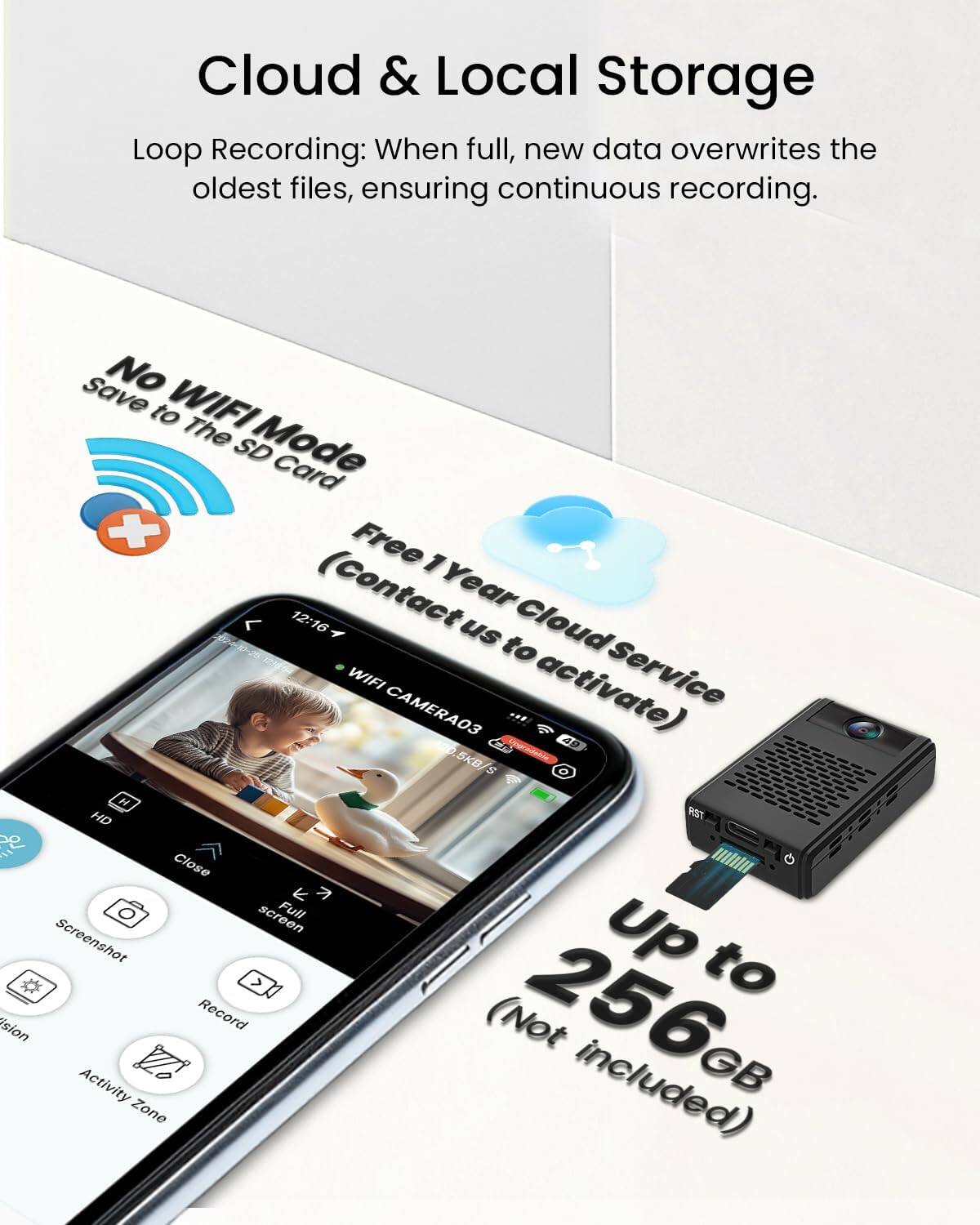 Cloud & Local Storage

Loop Recording: When full, new data overwrites the oldest files, ensuring continuous recording.

No WIFI Mode
Save to The SD Card

Free 1 Year Cloud Service
(Contact us to activate)

WIFI CAMERA03
40 5KB/S

Up to 256GB
(Not included)

Screen
Full Screenshot
Record
Activity Zone