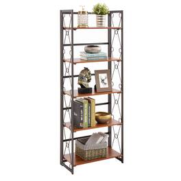 Vecelo - 5-Tier No Assembly Folding Bookshelf - Sturdy Metal Frame, Display Stand Shelves, Space-Saving Storage for Home & Office - Rustic Brown