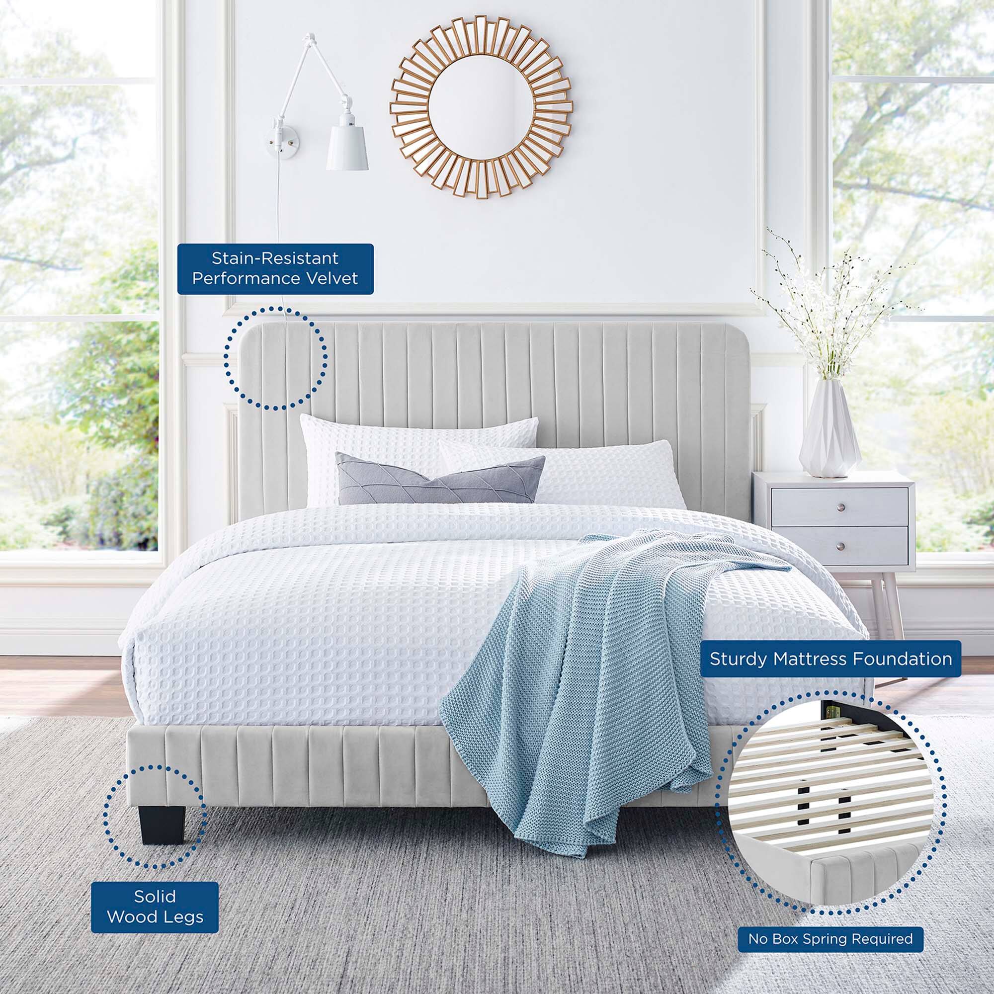 - Stain-Resistant Performance Velvet
- Solid Wood Legs
- Sturdy Mattress Foundation
- No Box Spring Required