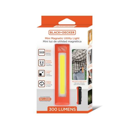 BLACK+ DECKER  
Mini Magnetic Utility Light  
Mini luz de utilidad magnética  
Batteries included  
AAX2  
Magnetic mounting  
Compact design  
Water resistant  
Clip for quick access  
204A BATTERIES INCLUDED  
300 LUMENS