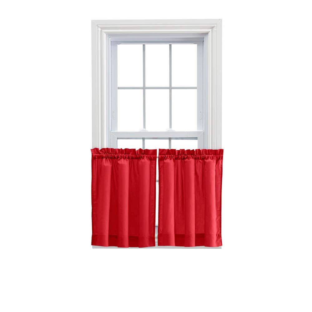 Ellis Curtain - Ellis Stacey 1.5" Rod Pocket High Quality Fabric Solid Color Window Tailored Tier Pair 56"x24" - Red