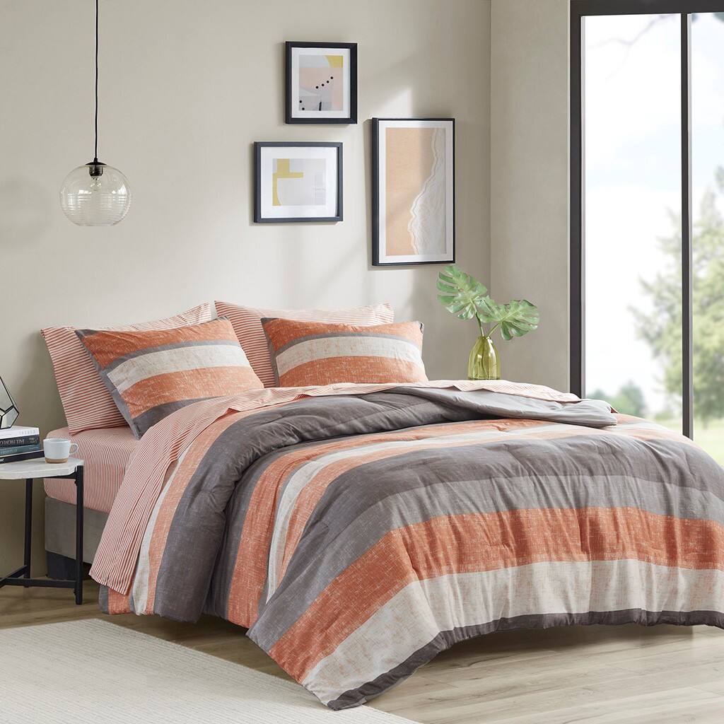 Alt View 1. Gracie Mills - Gracie Mills Ware Striped Comforter Set with Bed Sheets - Coral/Grey.