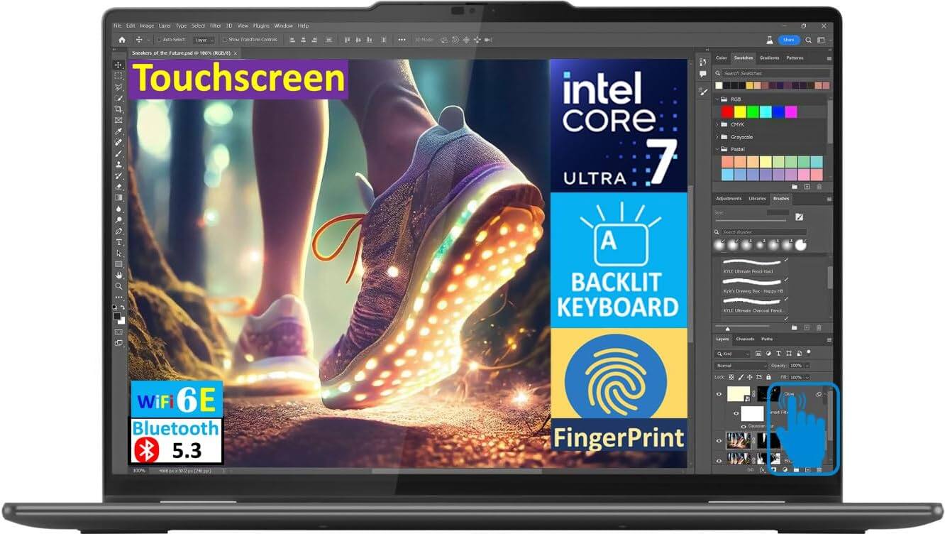 Sure, here is the corrected and grouped text from the image:

---

**Touchscreen**

**Intel Core 7 Ultra**

**Backlit Keyboard**

**Fingerprint**

**Wi-Fi 6E**

**Bluetooth 5.3**

---

**Specifications:**

- 100% LED
- 100% Fingerprint
- 100% Backlit Keyboard
- 100% Wi-Fi 6E
- 100% Bluetooth 5.3

**Additional Features:**

- Grayscale Particles
- Ademt Lilrares
- T R A Search
- EYLE Usare Fenes
- 100% Capacity

**Design:**

- ROB 1 CHYK
- Sleek and Modern

**Operating System:**

- Windows 11

**Processor:**

- Intel Core Ultra 7

**Connectivity:**

- Wi-Fi 6E
- Bluetooth 5.3

**Security:**

- Fingerprint Reader

**Display:**

- Touchscreen

**Keyboard:**

- Backlit

**Battery:**

- 100% Capacity

**Other:**

- 100% LED

---

This
