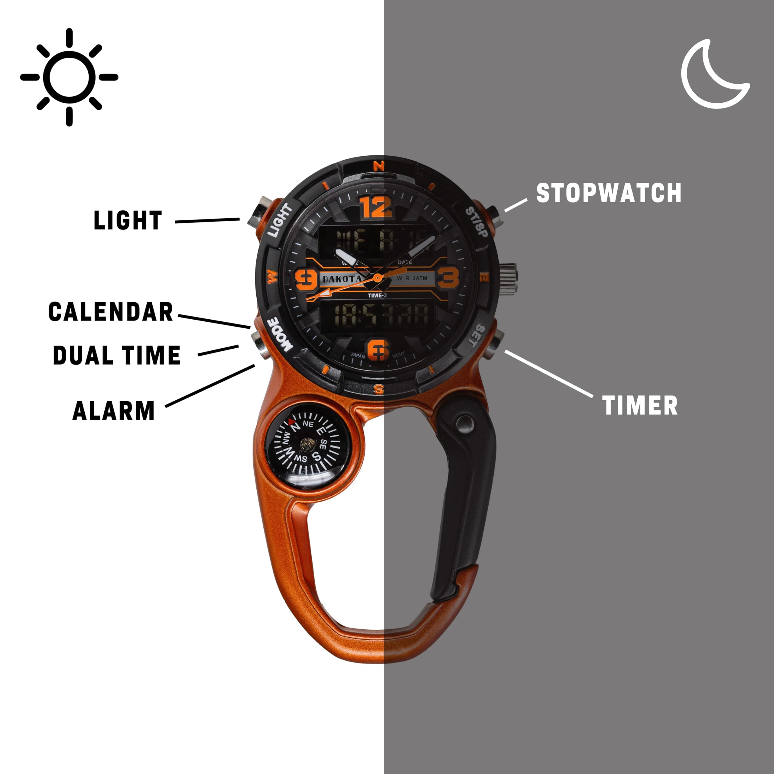 LIGHT CALENDAR DUAL TIME ALARM STOPWATCH TIMER