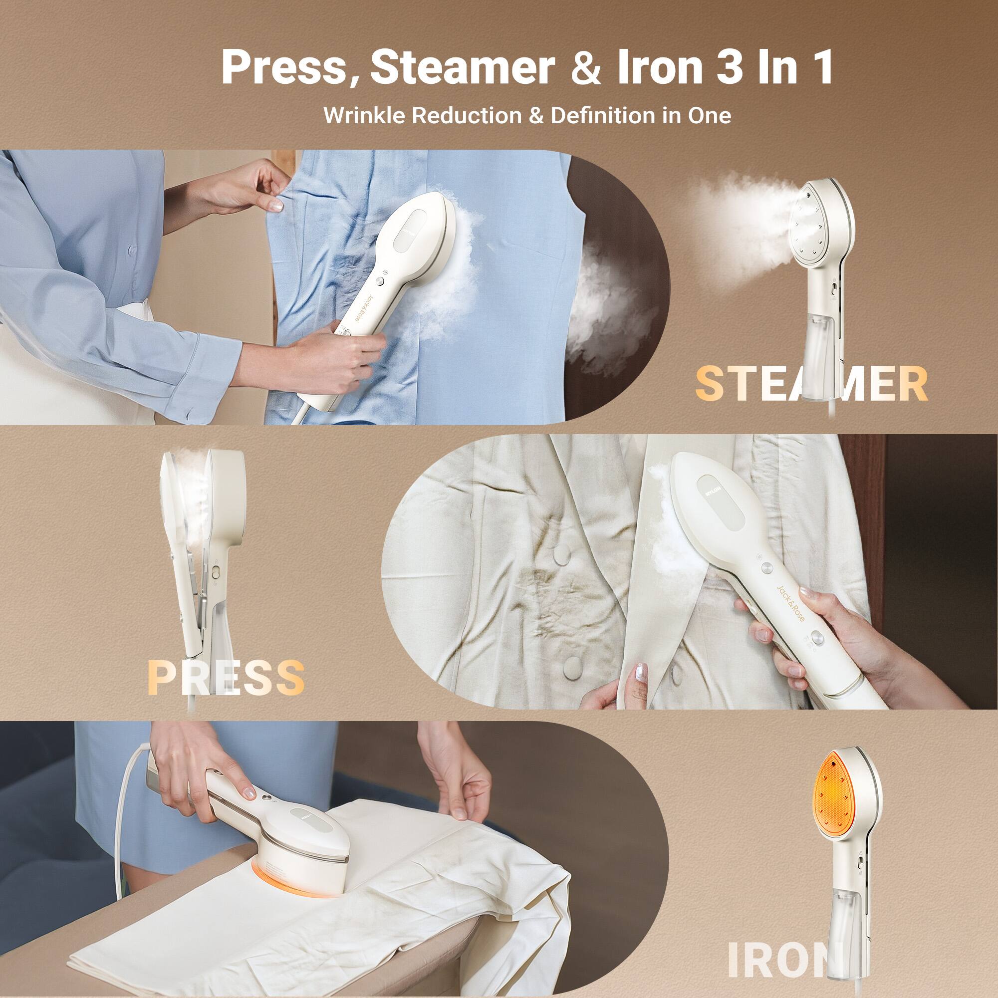 Press, Steamer & Iron 3 In 1  
Wrinkle Reduction & Definition in One  

STEAMER  
PRESS  
IRON