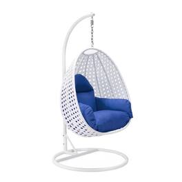 LeisureMod - Modern Handwoven White Wicker Egg Swing Chair with Stand - Single Hanging Indoor/Outdoor Chair for Patio - Blue