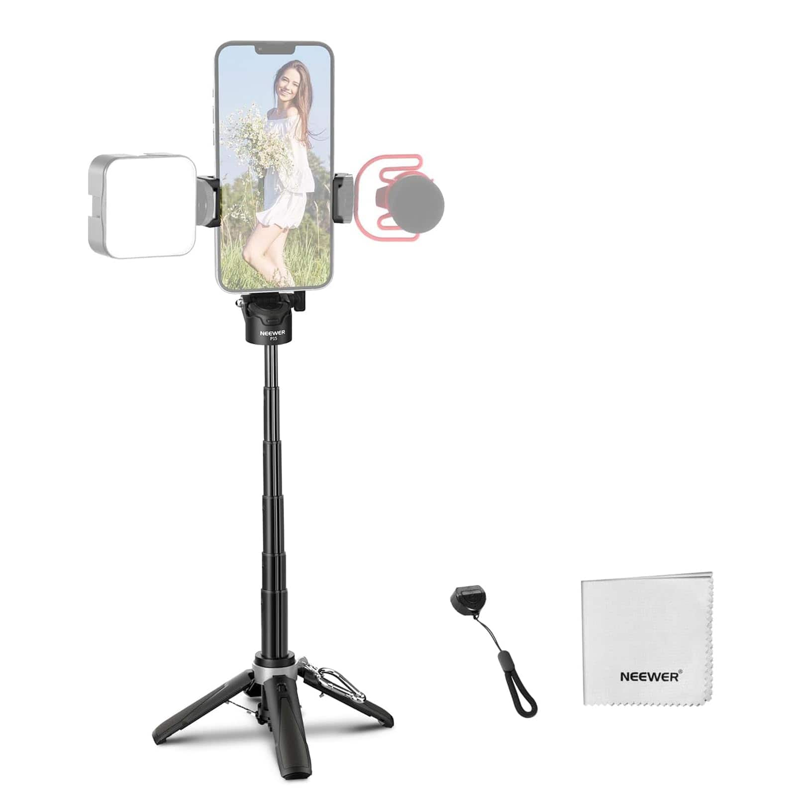 Neewer - Lightweight Foldable Mini Selfie Stick Tripod for iPhone, 360° Desk Stand, Cold Shoe, Remote, P15 - Black