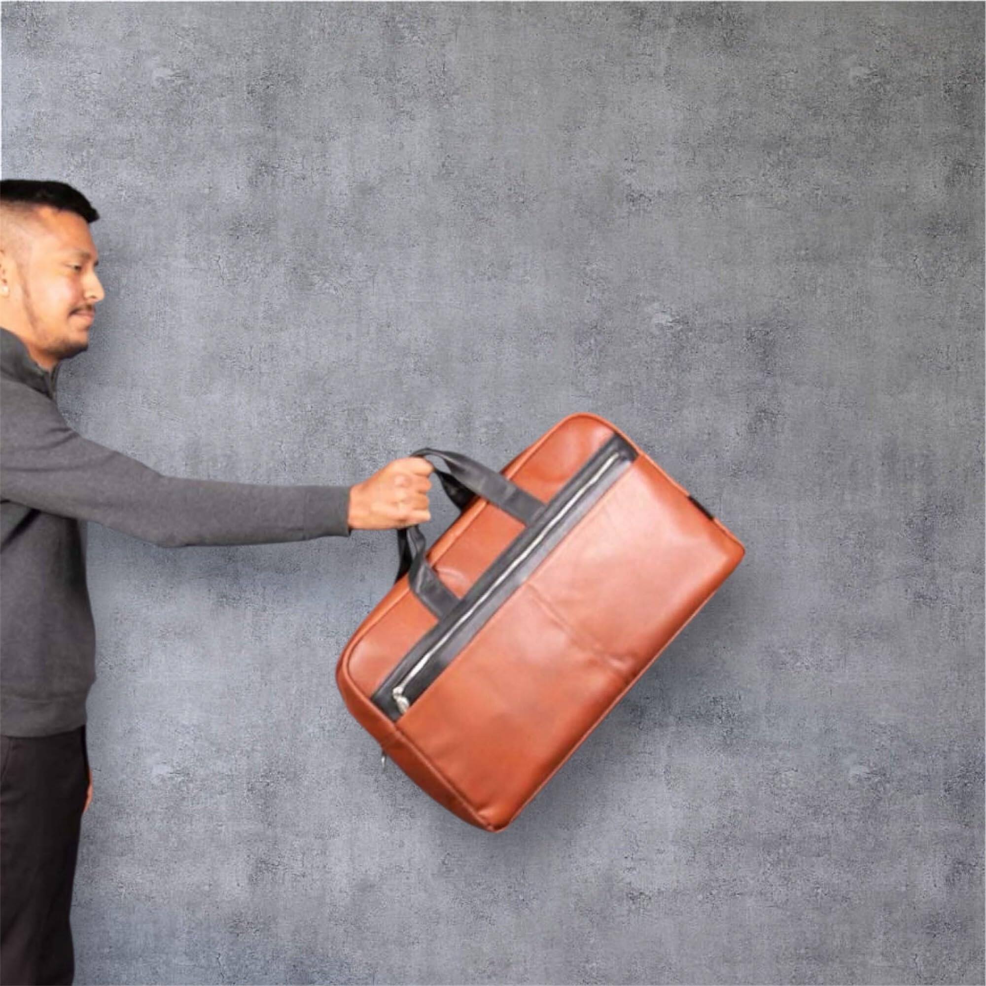 Alt View 3. McKlein - 21" Leather Duffel Bag Pebble Grain Calfskin Dual-Compartment Laptop Tablet Travel Weekender Overnight Crossbody - Brown.