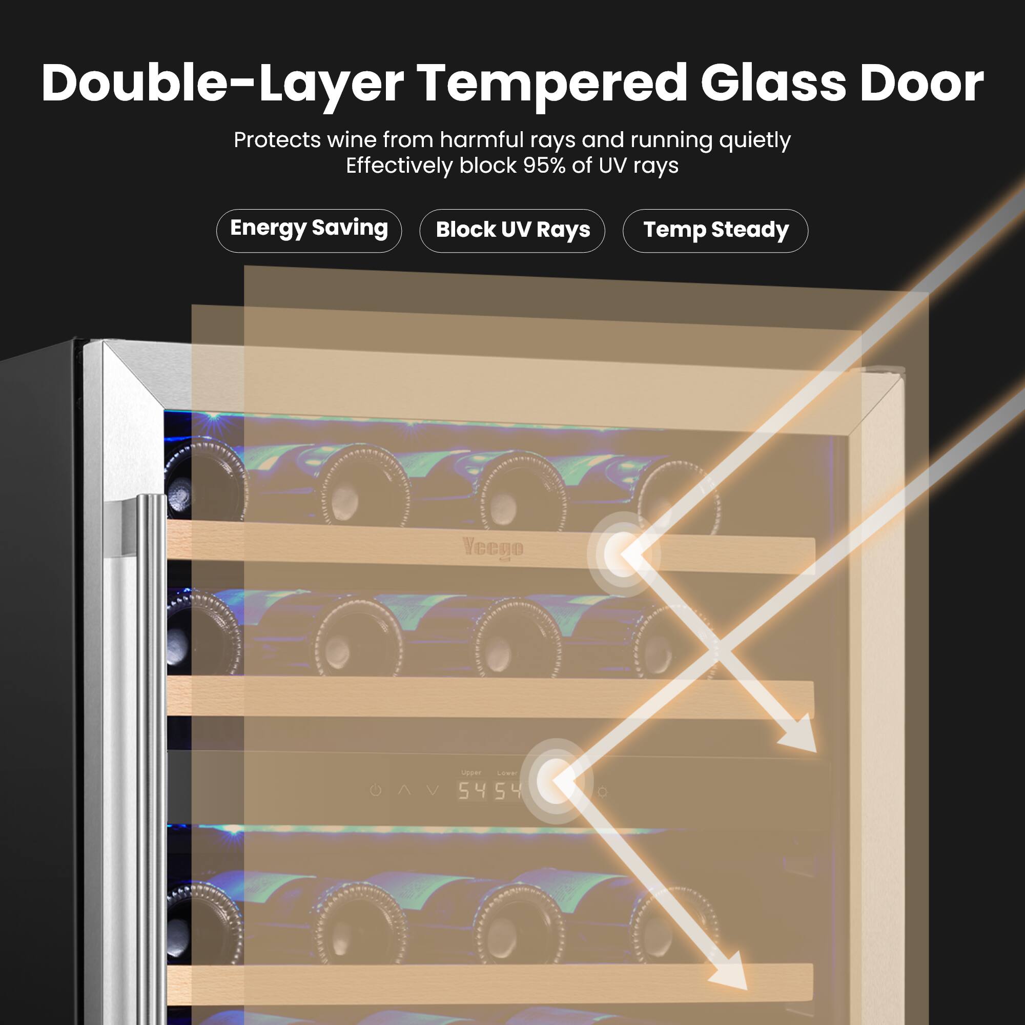 Double-Layer Tempered Glass Door Protects wine from harmful rays and running quietly Effectively block 95% of UV rays Energy Saving Block UV Rays Temp Steady