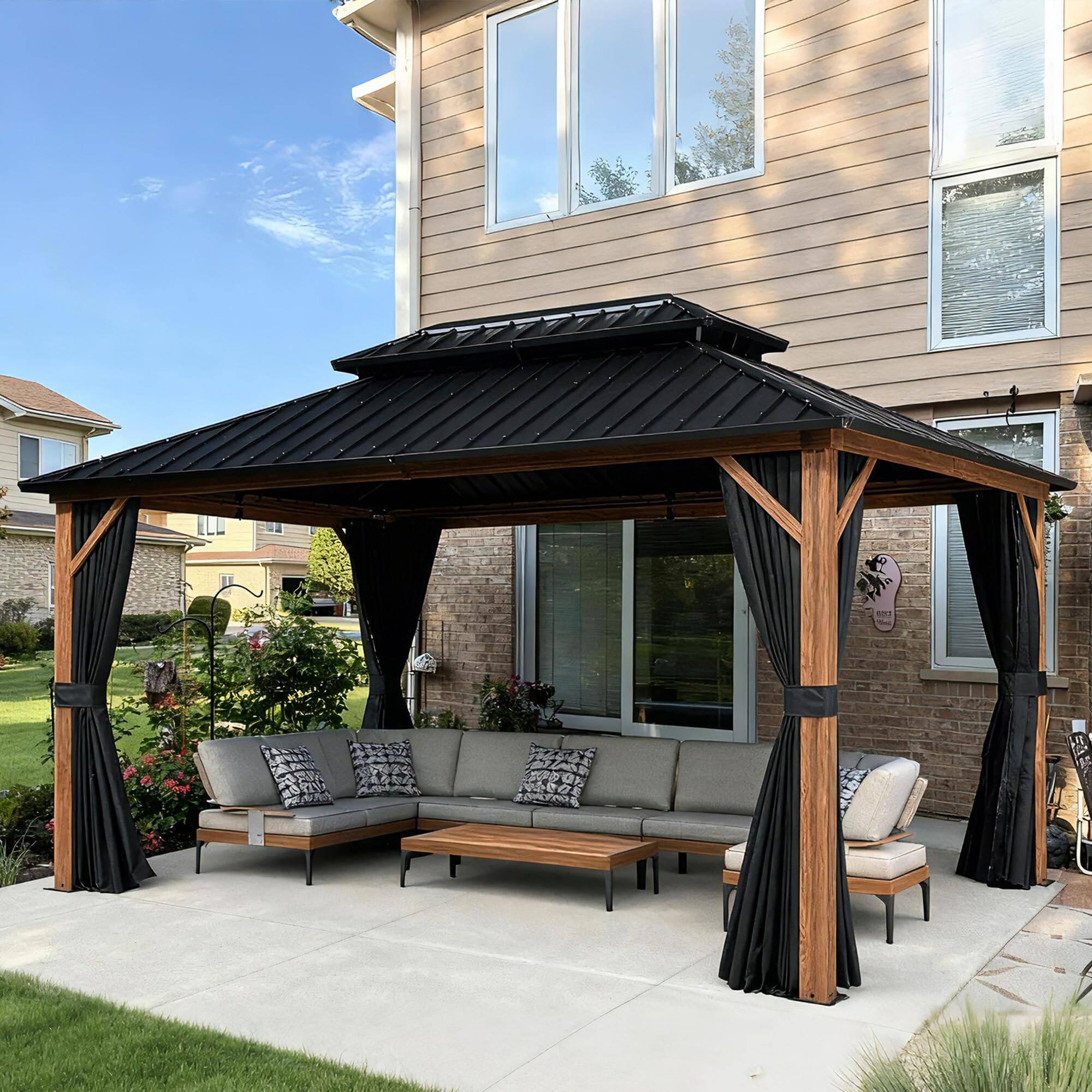 Angle. PURPLE LEAF - 10' X 14' Outdoor Aluminum Wood Grain Hardtop Gazebo with Galvanized Steel Double Roof with Netting and Curtains - 10' X 14'.