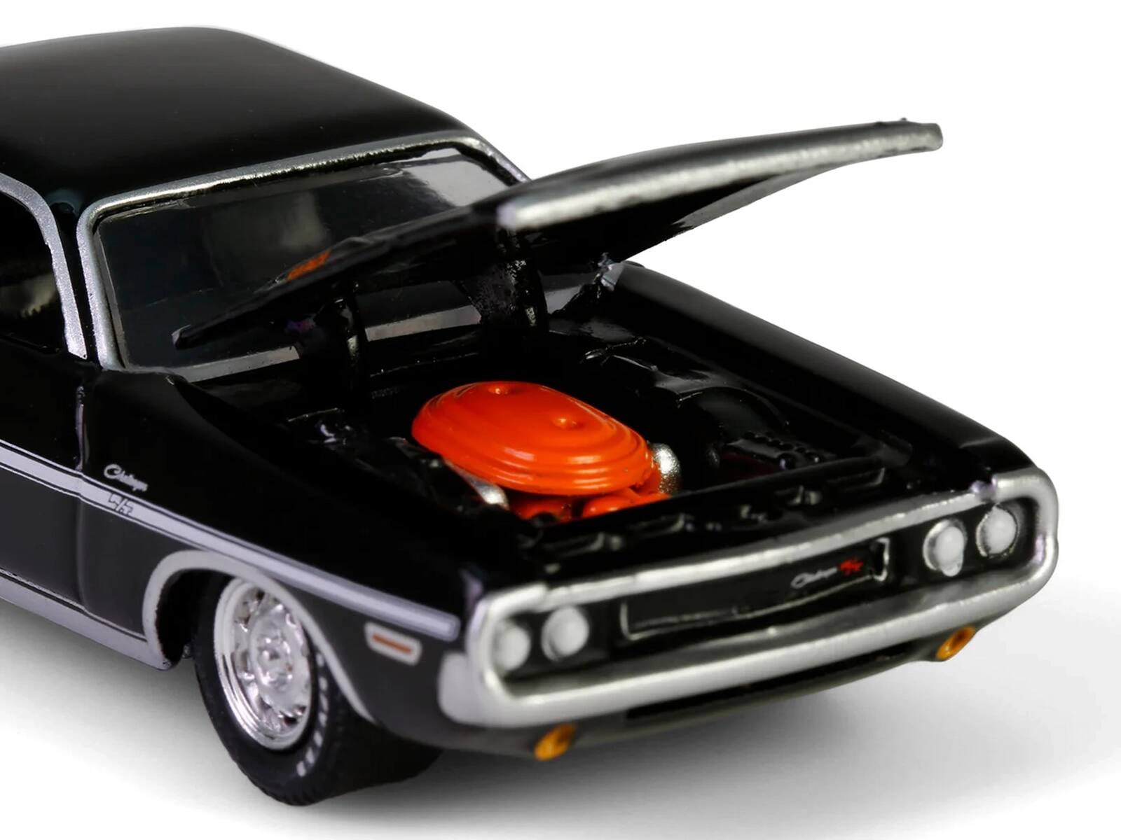 Angle. Greenlight - 1970 Dodge Challenger R/T 440 Black with White Stripes "Barrett-Jackson" Series 15 1/64 Diecast Model Car by Greenlight - Black with White.