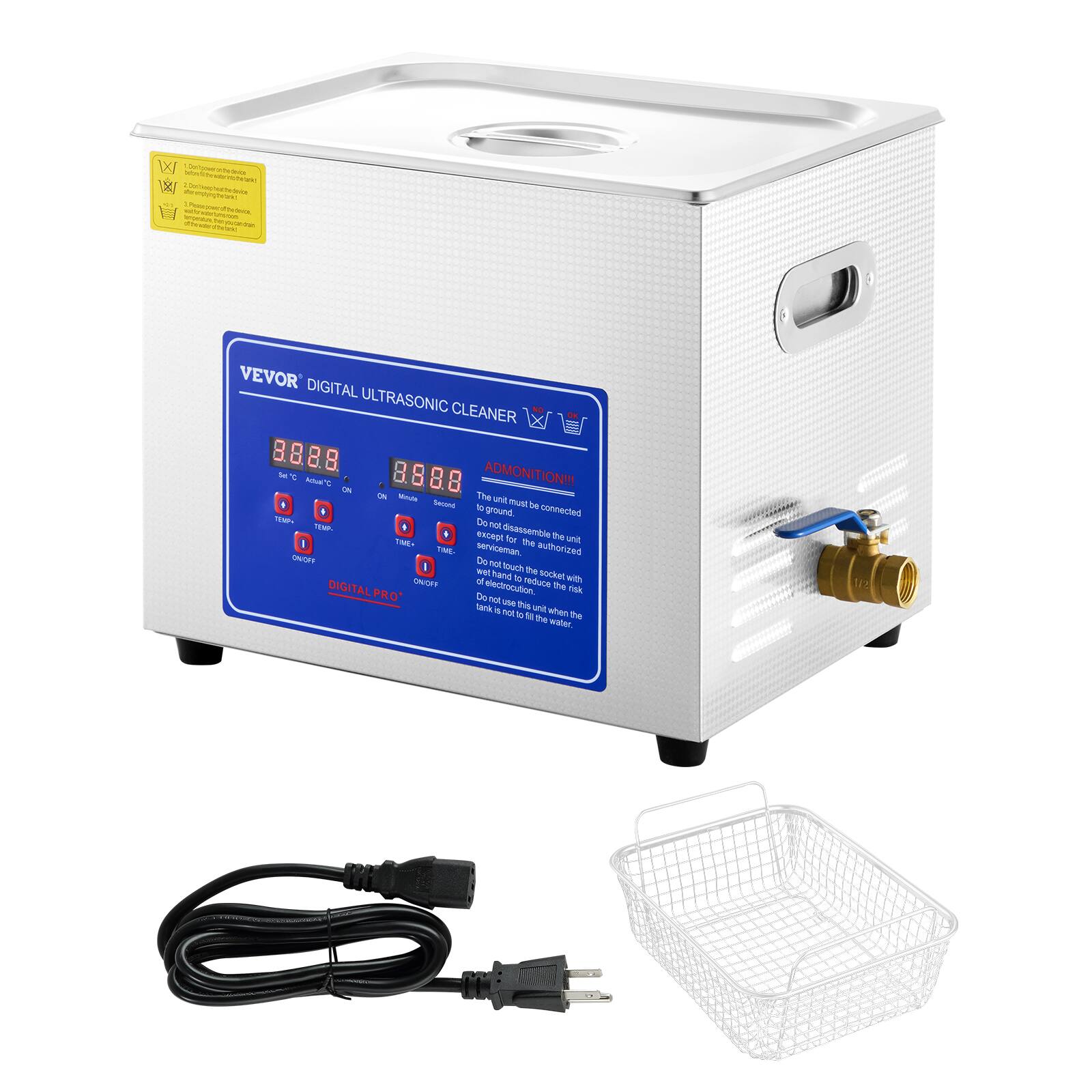 VEVOR DIGITAL ULTRASONIC CLEANER

ADMONITION!!!
- The unit must be grounded.
- Do not disassemble the unit.
- Do not touch the socket with wet hands to reduce the risk of electrocution.
- Do not touch the unit when the tank is filled with water.