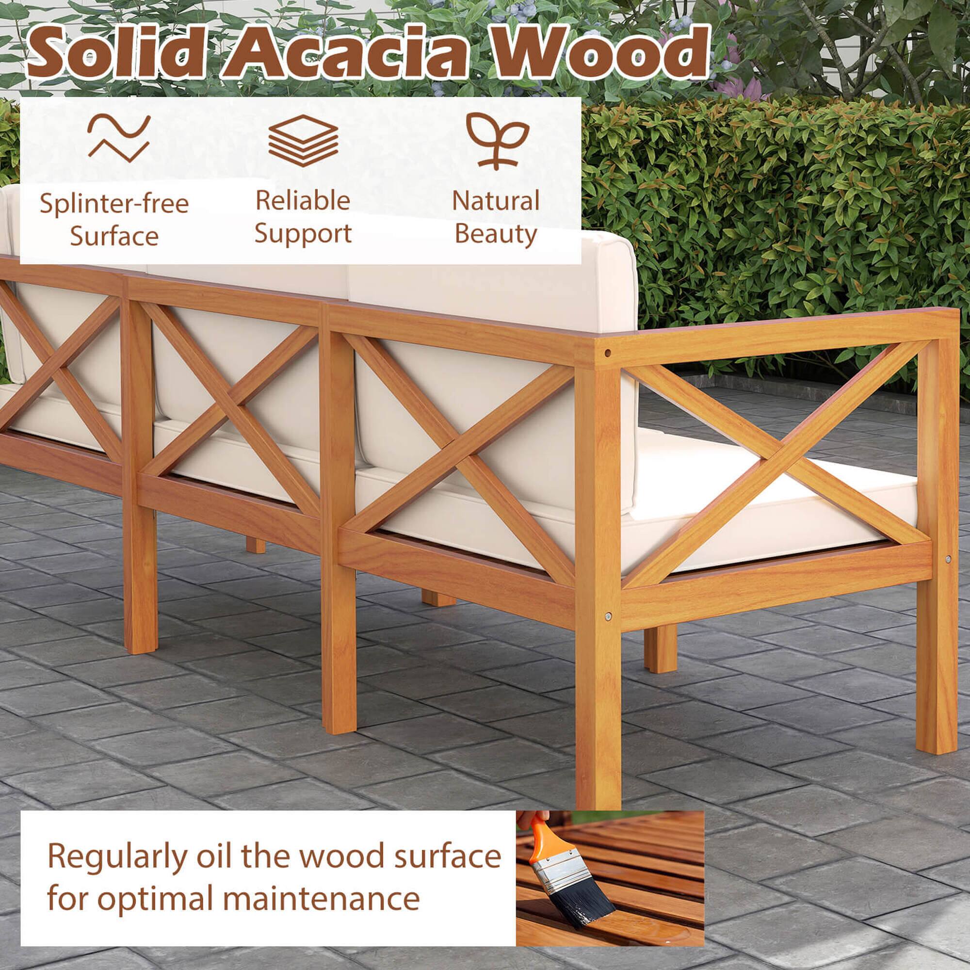 Solid Acacia Wood: Splinter-free, Reliable, Surface Support, Natural Beauty. Regularly oil the wood surface for optimal maintenance.