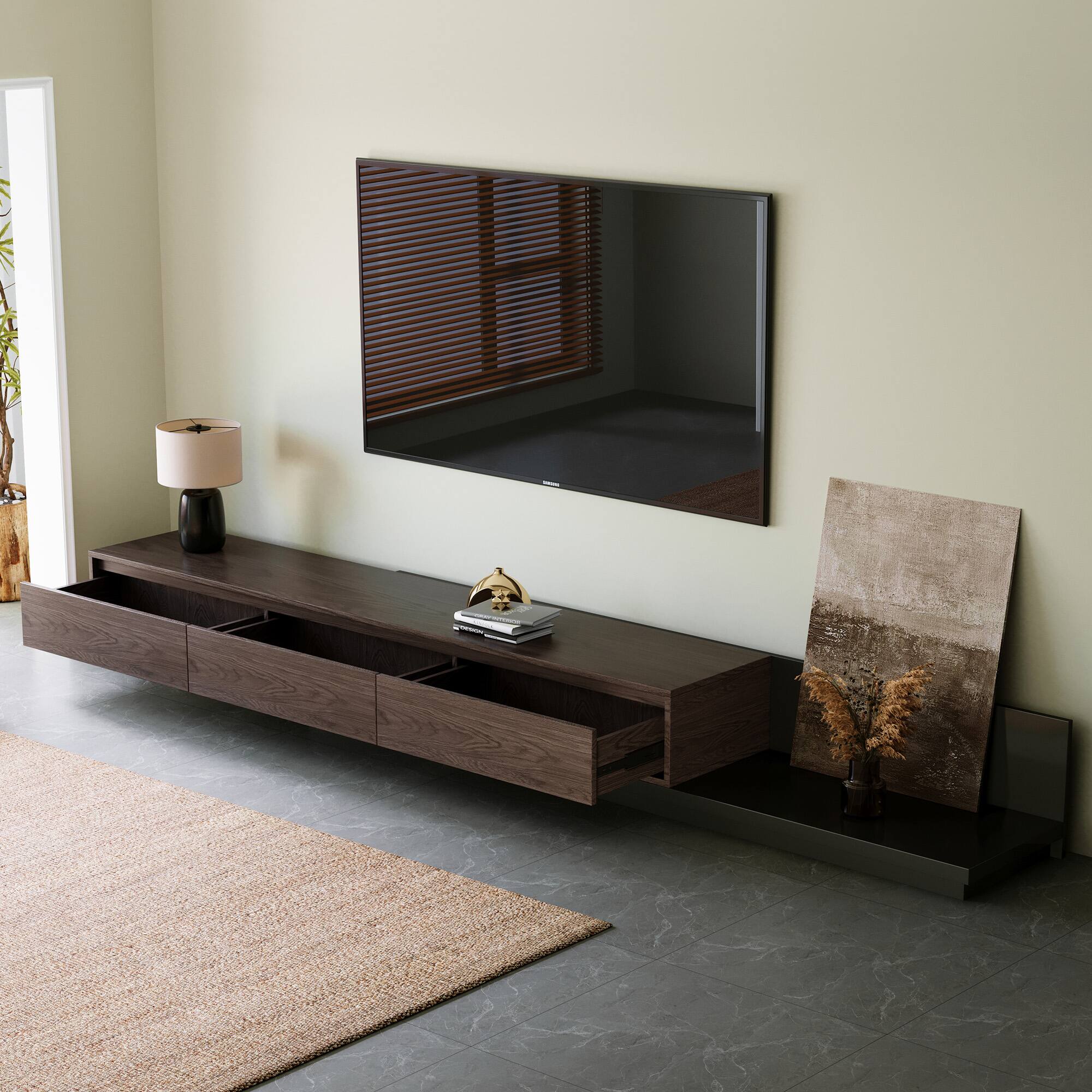 Alt View 1. luck idea - 78.7"-141.7" Expandable TV Stand | 3 Storage Drawers & Wood Grain Decorative Panel - Black walnut color.