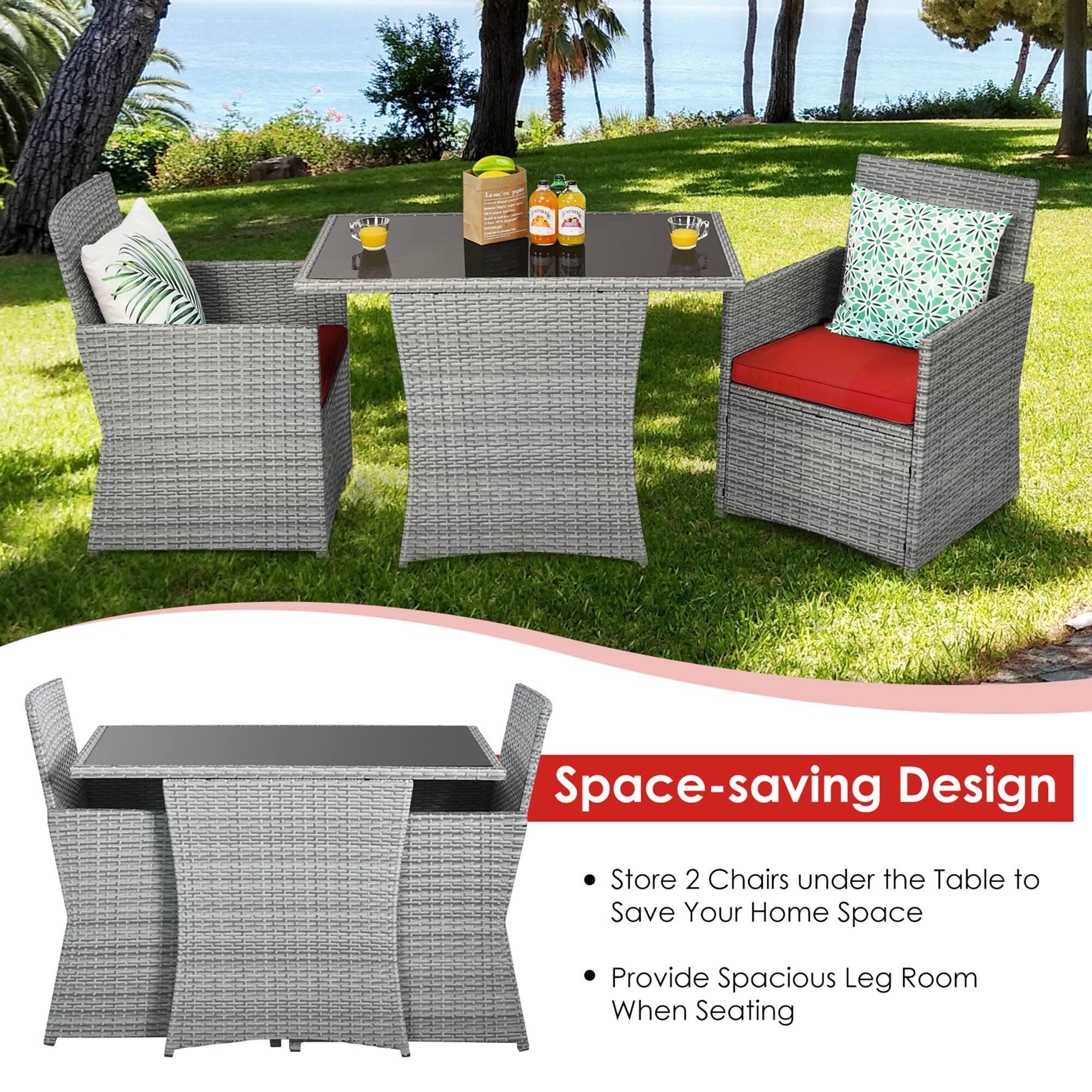 Space-saving Design

- Store 2 Chairs under the Table to Save Your Home Space
- Provide Spacious Leg Room When Seating