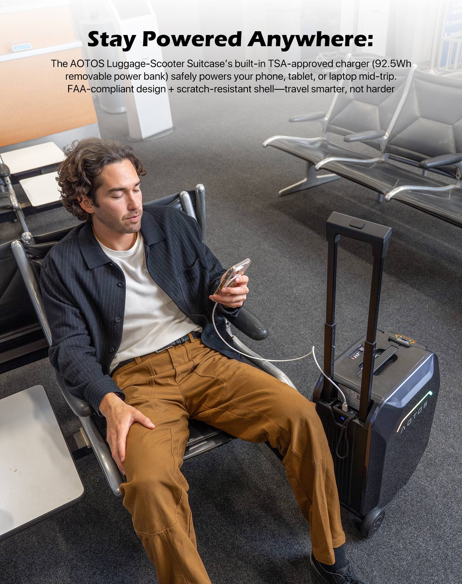 Stay Powered Anywhere:  
The AOTOS Luggage-Scooter Suitcase's built-in TSA-approved charger (92.5Wh removable power bank) safely powers your phone, tablet, or laptop mid-trip. FAA-compliant design + scratch-resistant shell—travel smarter, not harder.