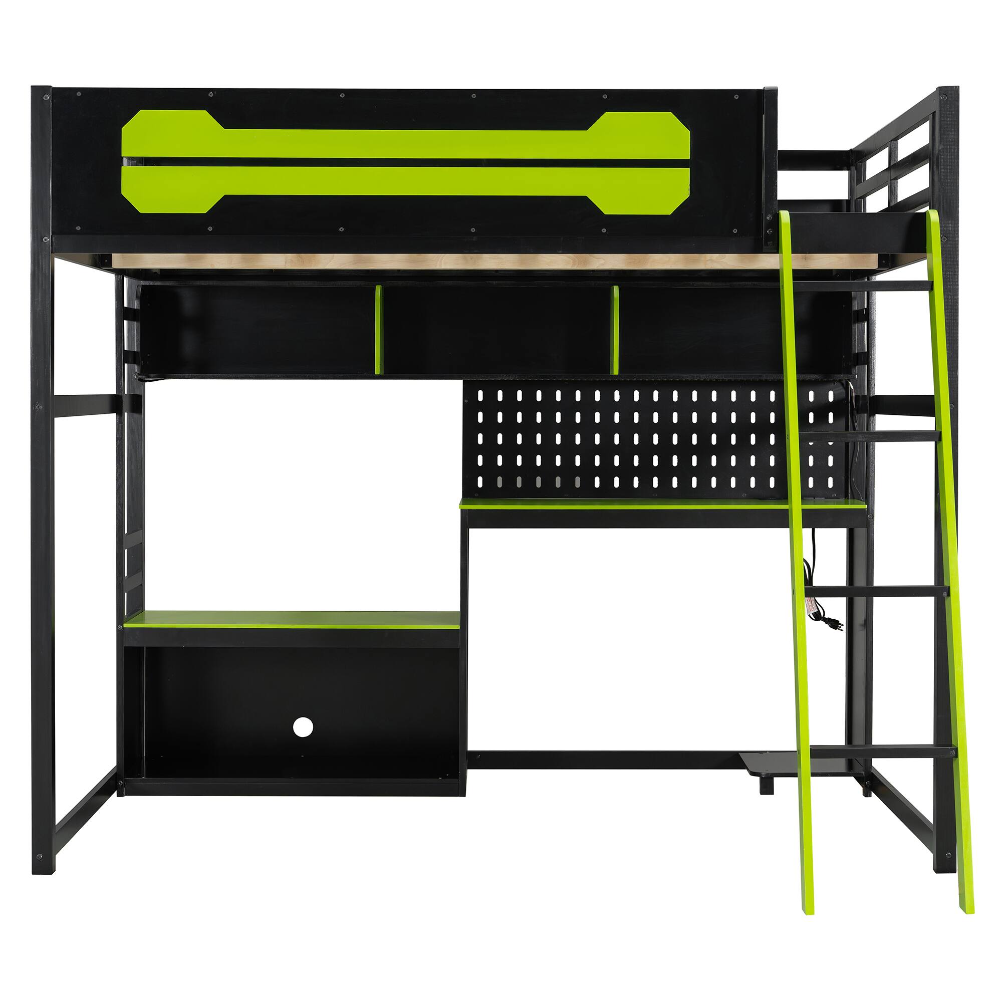 Back. AENKYO - Space-Saving Noise-Free Toddler Loft Bed with Desk, LED & Pegboard - Green.