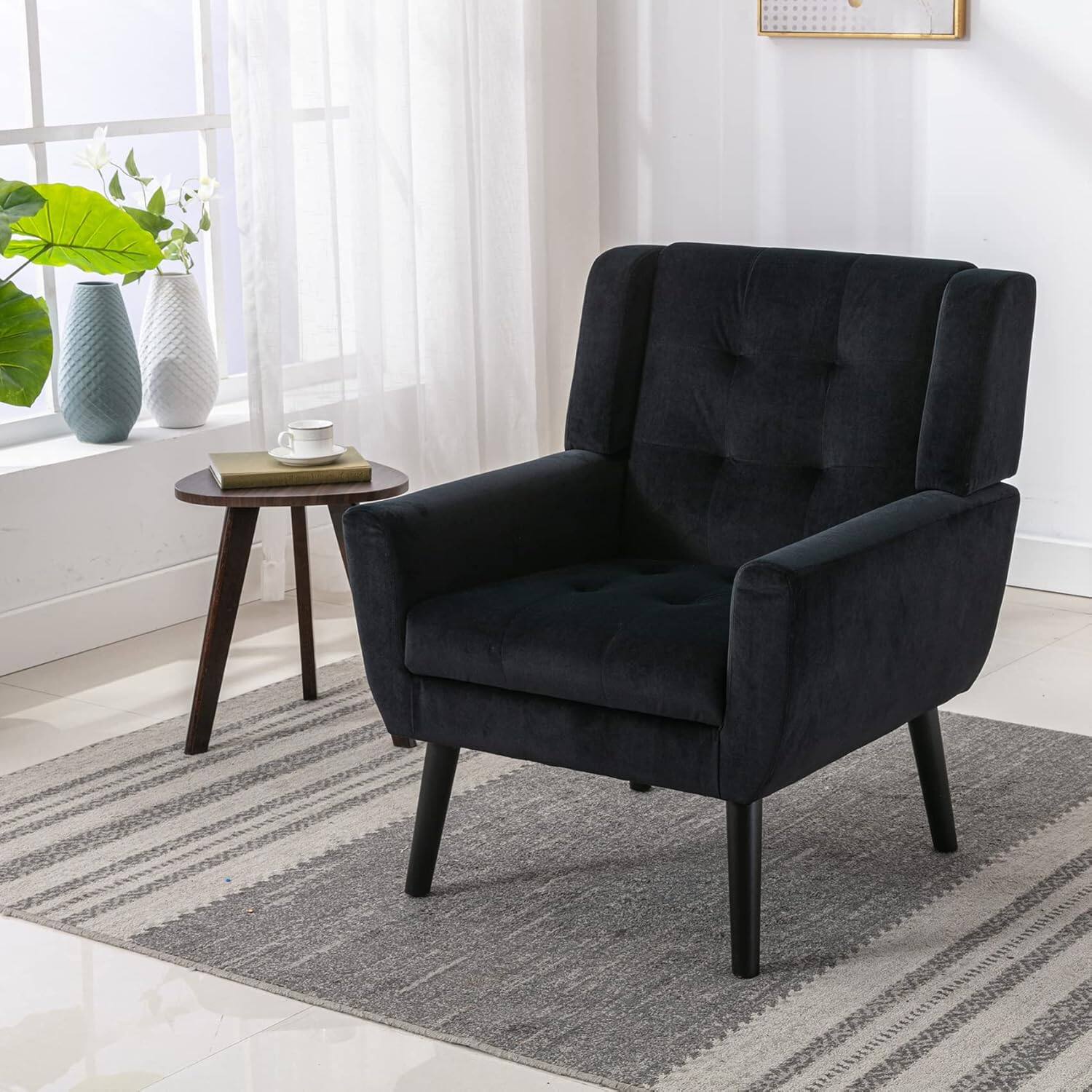 Alt View 3. Trinkets Crazed - Modern Soft Velvet Material Ergonomics Accent Chair With Black Legs - black.